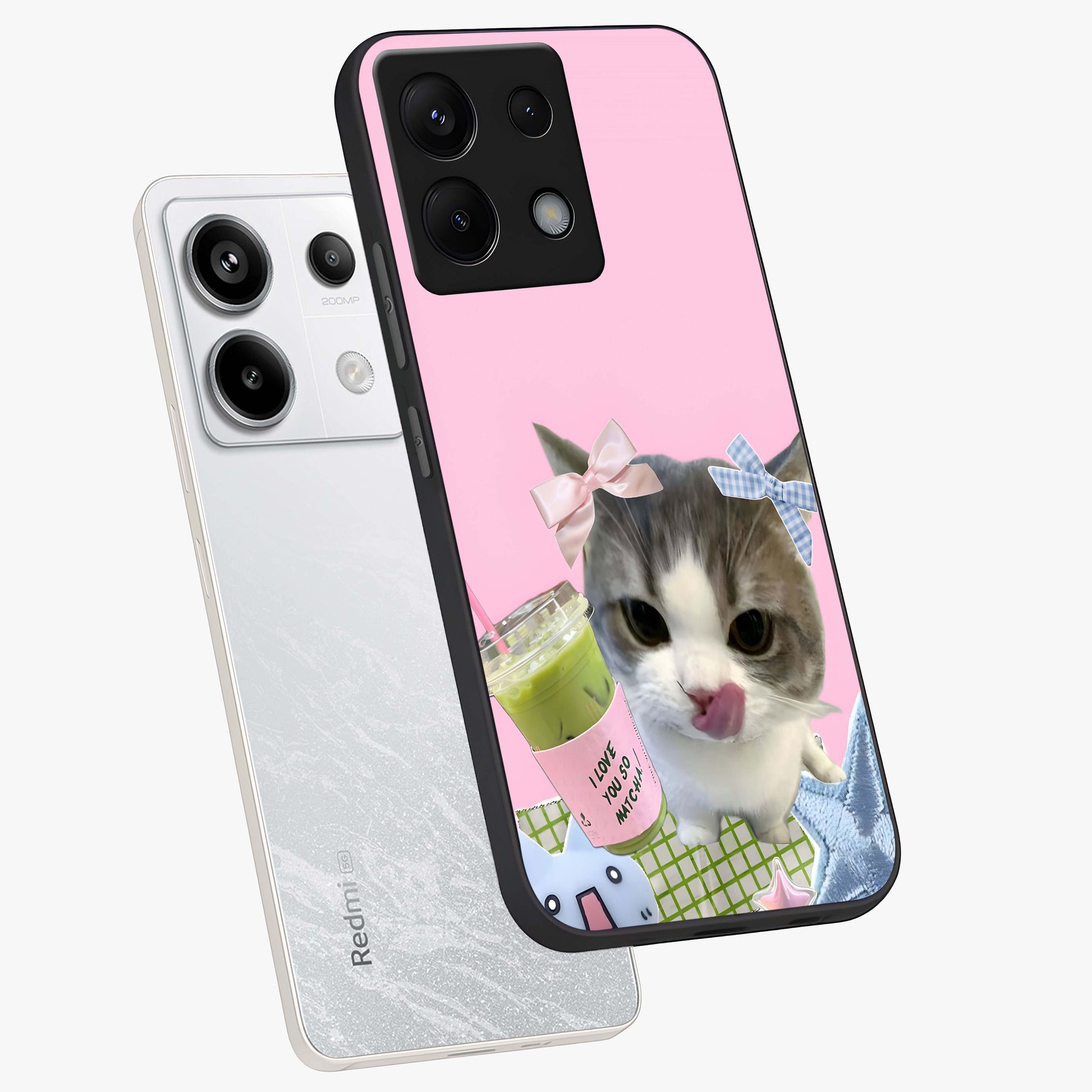 Love Matcha Cat Glass Case displayed in angled mockup highlighting playful feline illustration with cozy matcha aesthetic.