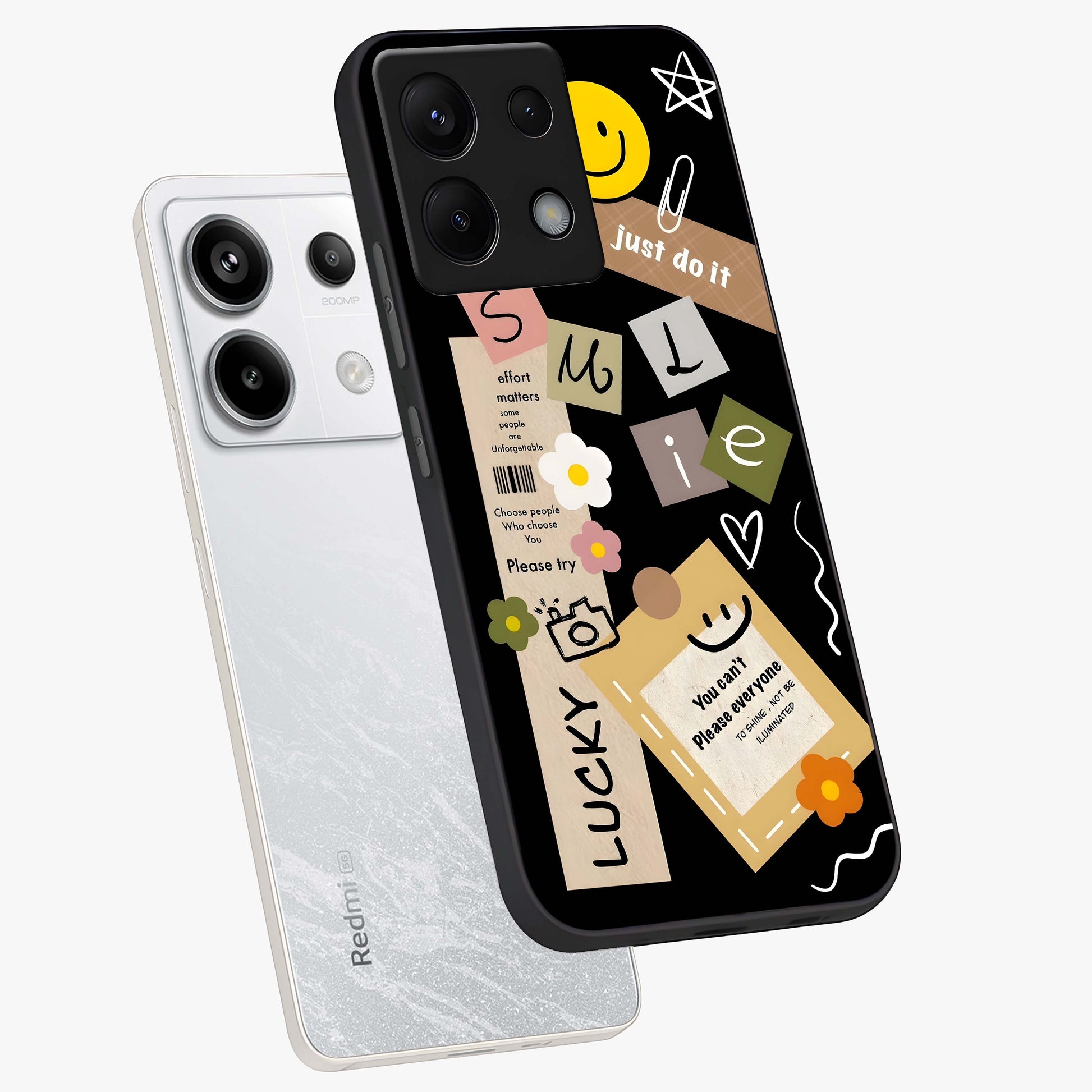 Lucky Aesthetic Collage Glass Case displayed in angled mockup highlighting stylish collage pattern with modern aesthetic vibe.