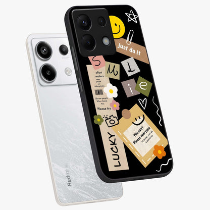 Lucky Aesthetic Collage Glass Case displayed in angled mockup highlighting stylish collage pattern with modern aesthetic vibe.