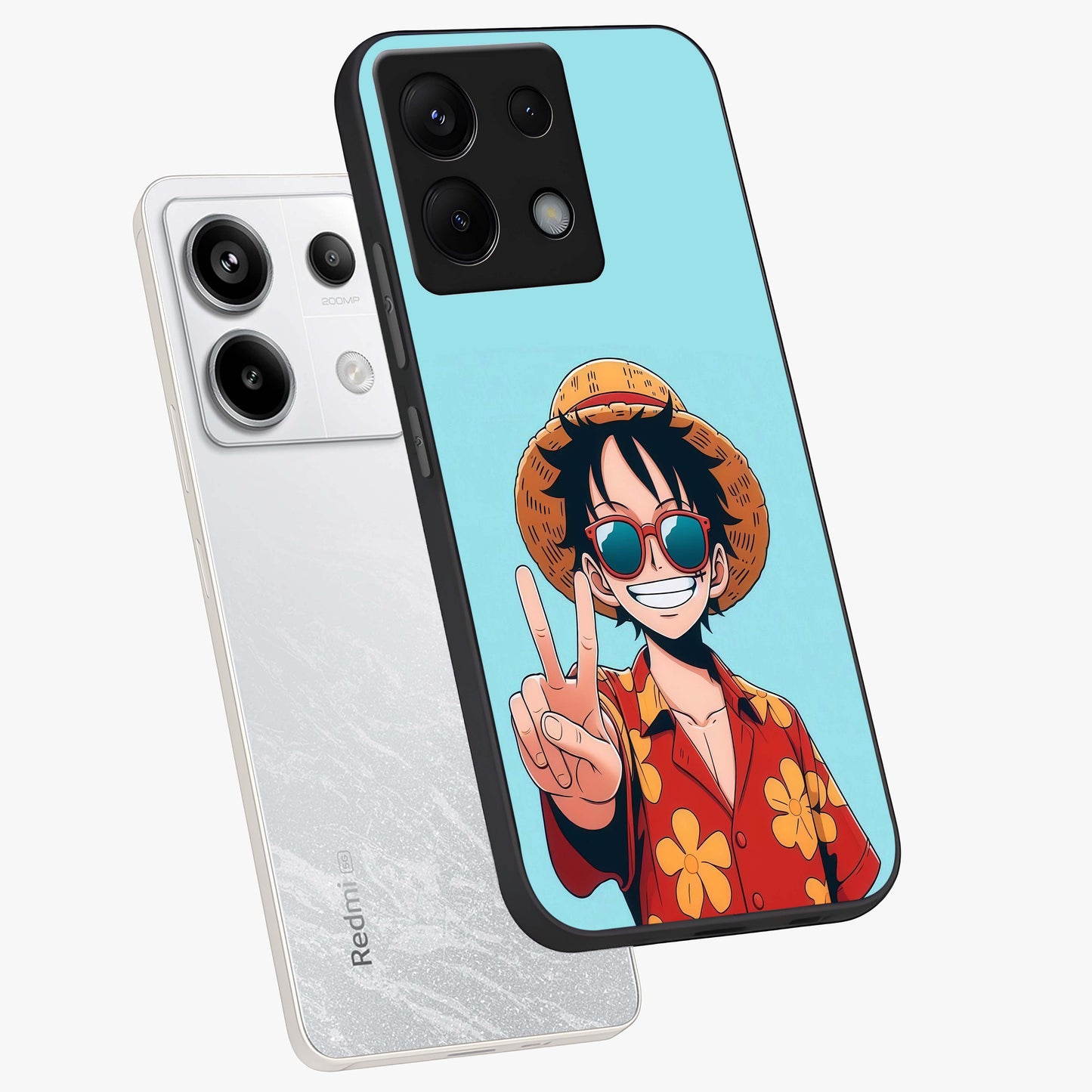 Luffy Summer Anime Vibe Glass Case displayed in angled mockup highlighting energetic anime illustration with summer vibe aesthetic.