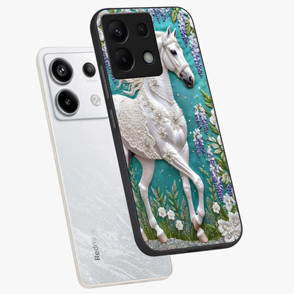 Majestic Floral Stallion Glass Case displayed in angled mockup highlighting majestic stallion illustration with elegant floral aesthetic.