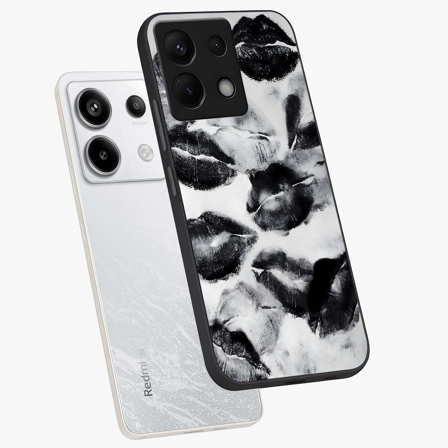 Midnight Kiss Marks Glass Case displayed in angled mockup highlighting playful romantic design with bold midnight aesthetic.