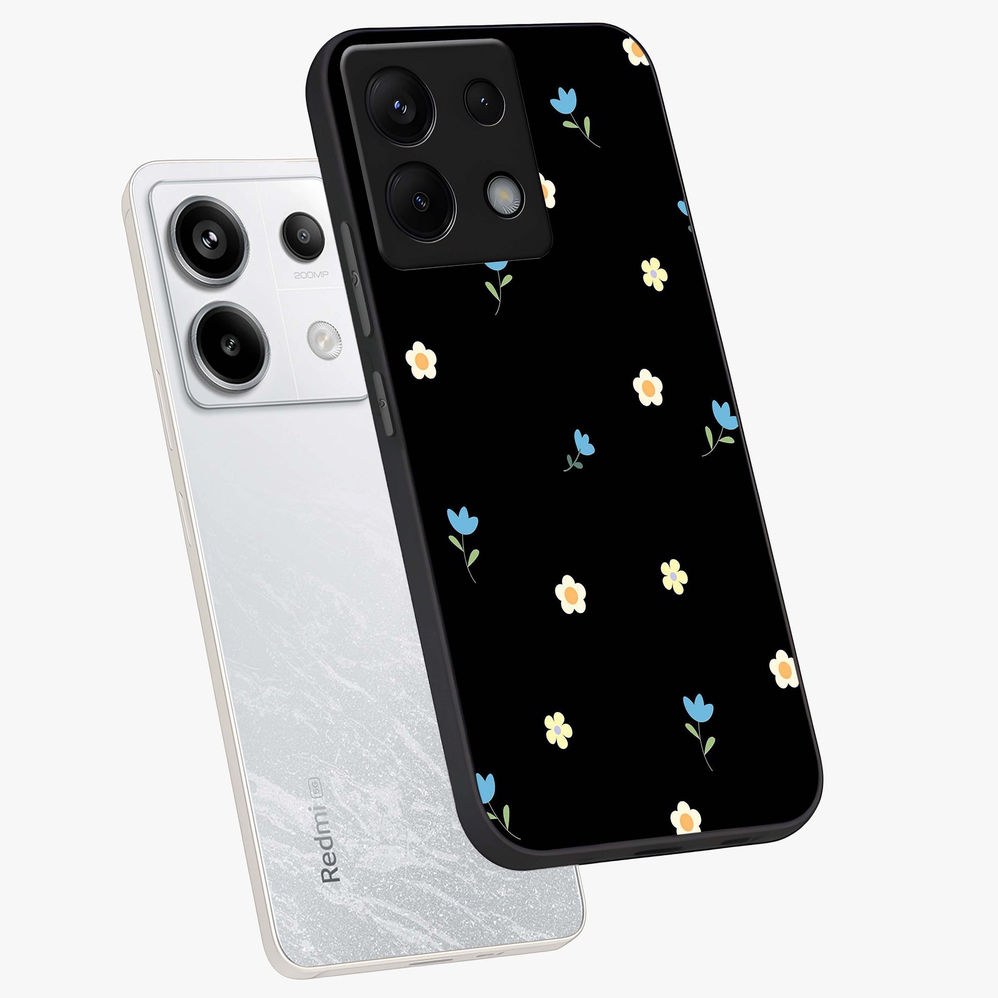 Minimal Petal Whispers Glass Case displayed in angled mockup highlighting delicate petal design with clean minimal aesthetic.