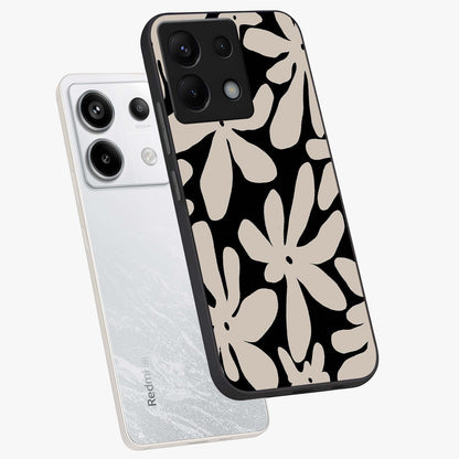 Monochrome Petal Dance Glass Case displayed in angled mockup highlighting elegant petal design with black and white aesthetic.