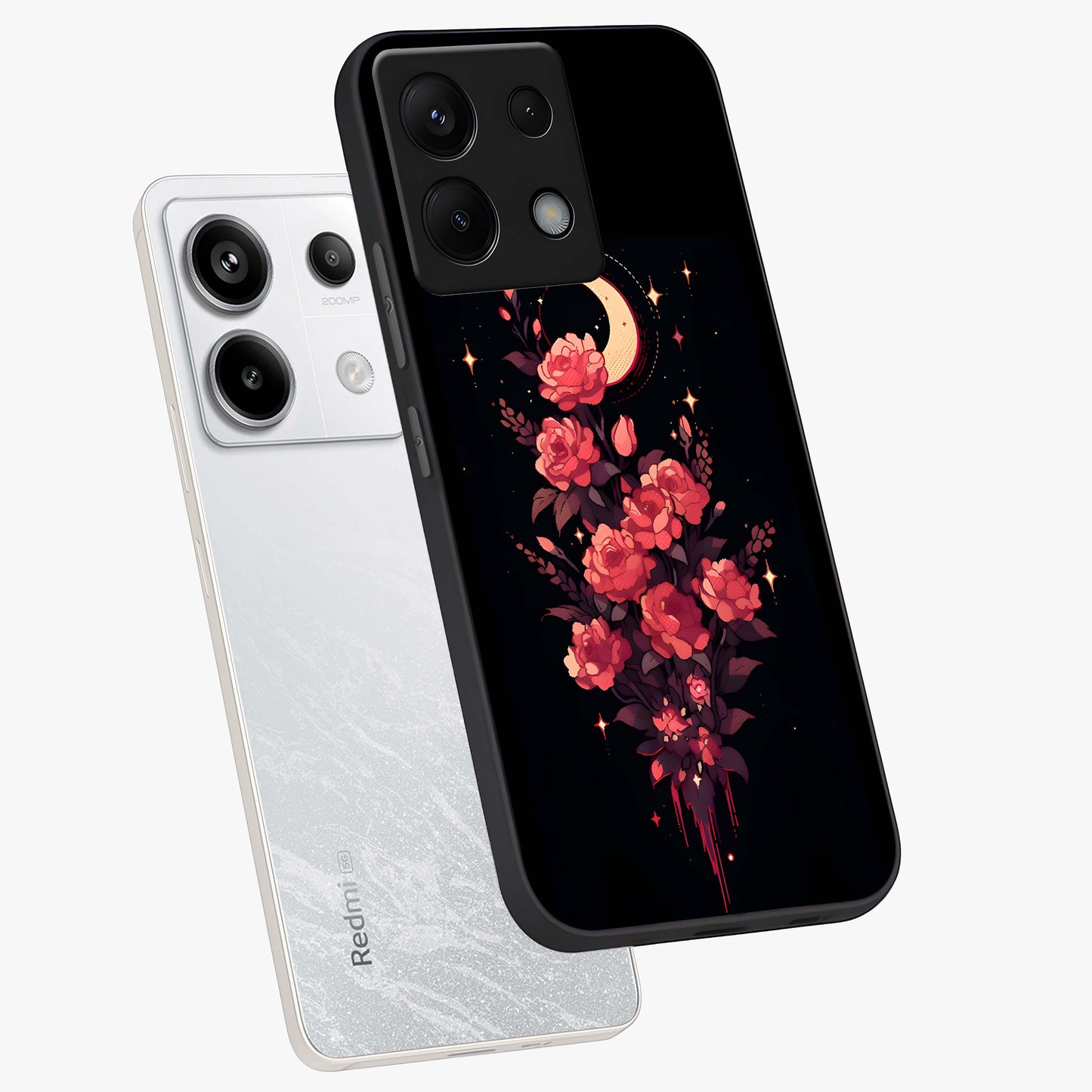 Moonlit Floral Elegance Glass Case displayed in angled mockup highlighting graceful flower design with soft moonlight aesthetic.