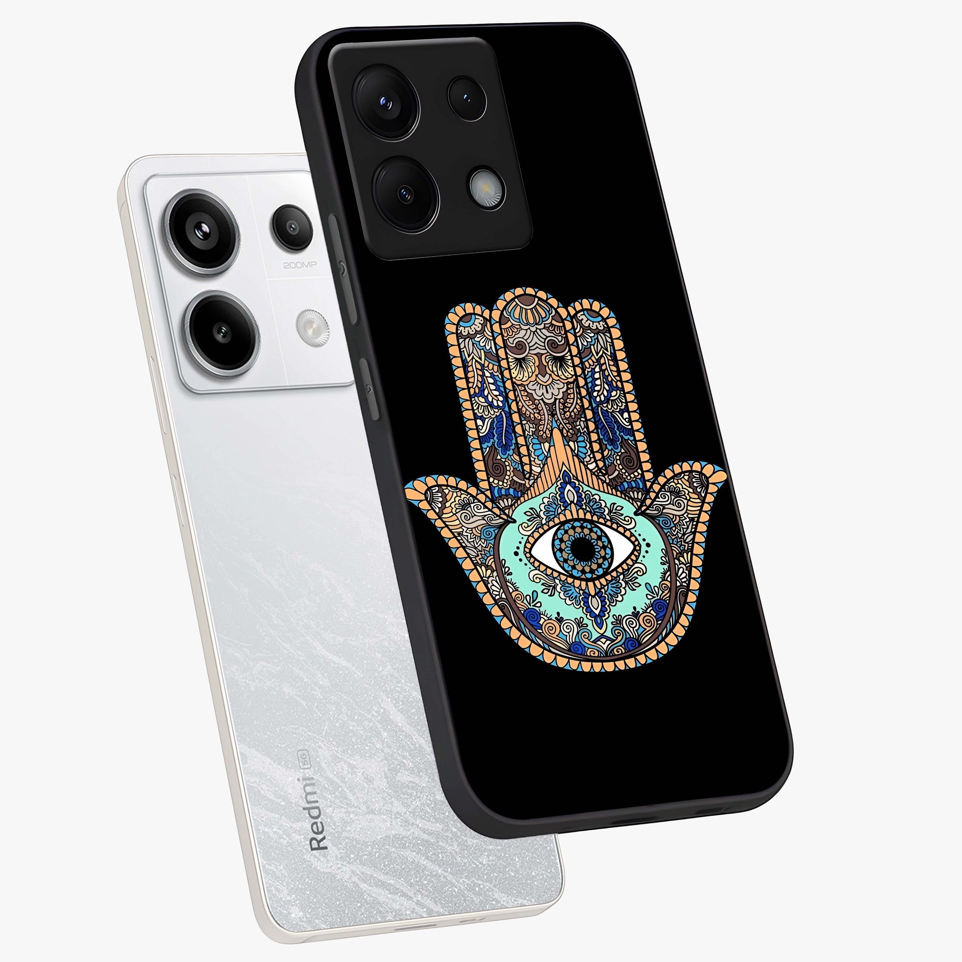 Mystic Hamsa Eye Glass Case displayed in angled mockup highlighting spiritual hamsa symbol with mystical aesthetic style.