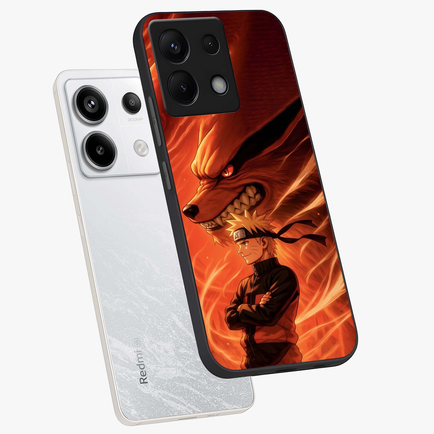 Nine Tails Legacy Glass Case displayed in angled mockup highlighting dynamic anime beast illustration with bold mystical aesthetic.