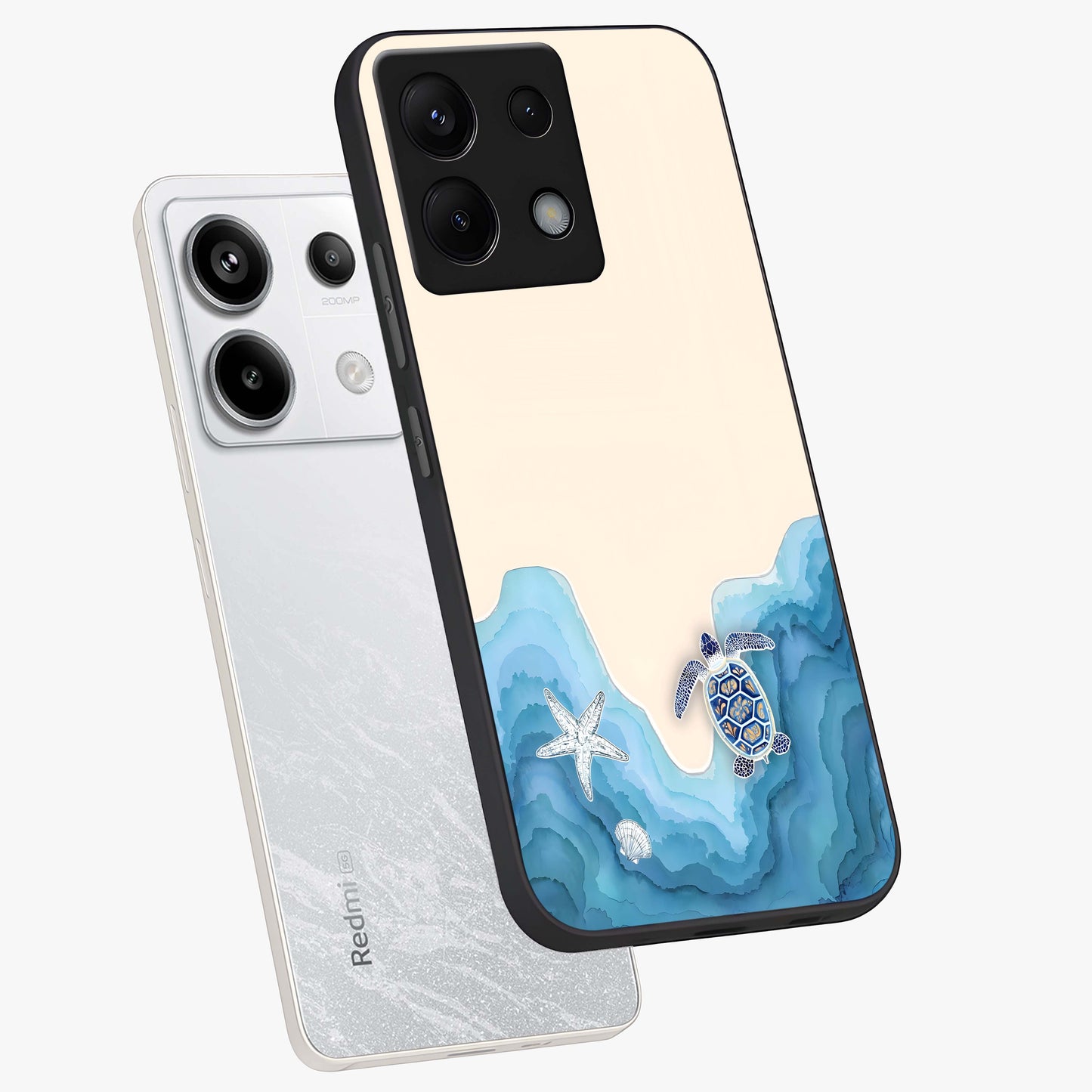 Ocean Drift Turtle Glass Case displayed in angled mockup highlighting peaceful ocean turtle illustration with marine aesthetic.