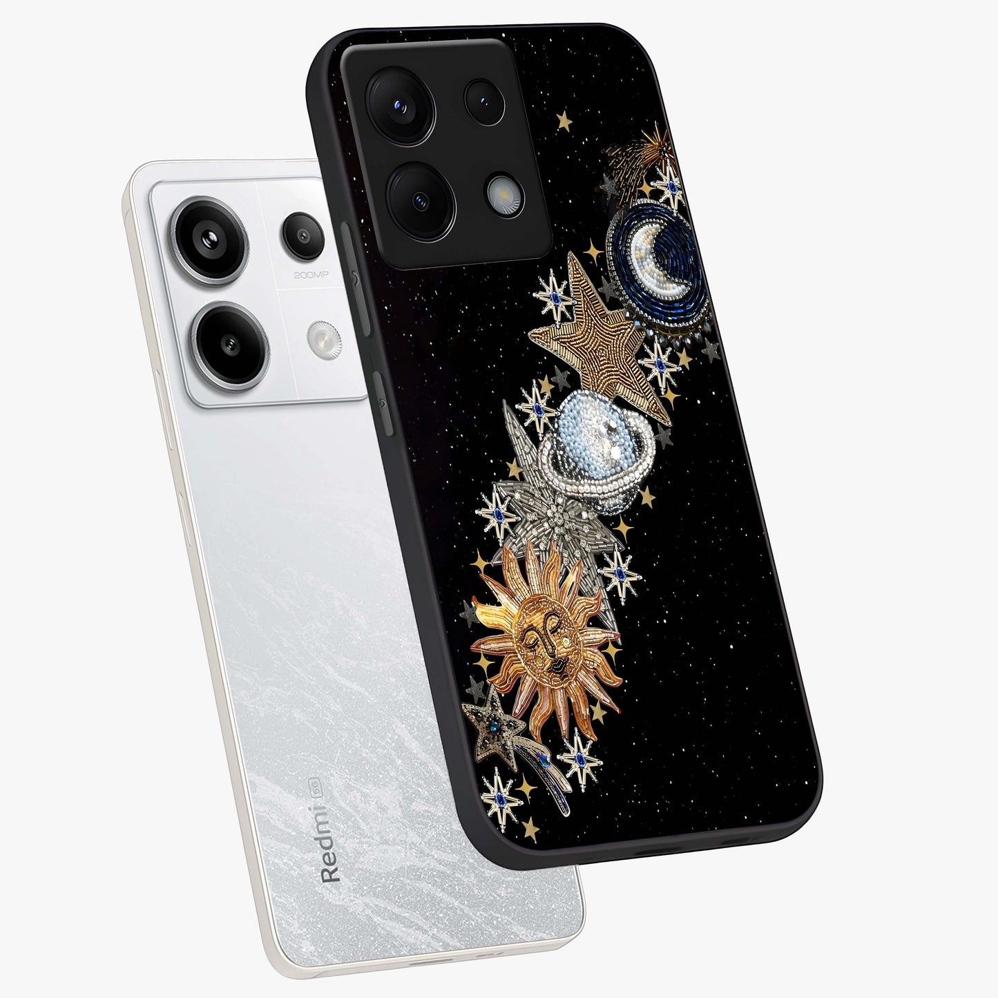 Pearls Universe Object Glass Case displayed in angled mockup highlighting celestial pearl design with dreamy aesthetic.