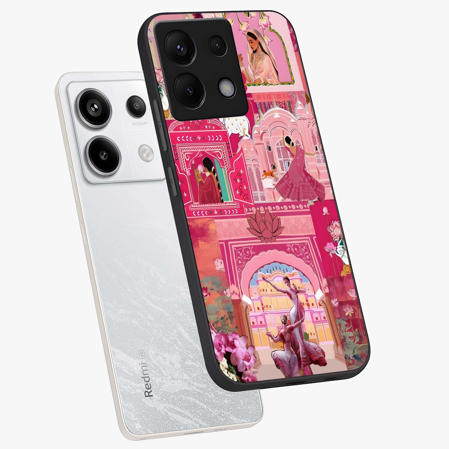 Pink Palace Muse Glass Case displayed in angled mockup highlighting dreamy palace illustration with soft pink aesthetic.