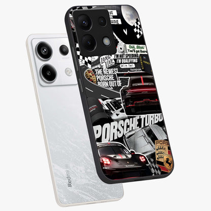 Porsche Racing Collage Glass Case displayed in angled mockup highlighting dynamic automotive design with bold racing aesthetic.