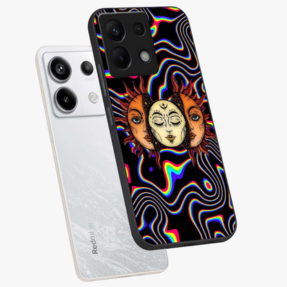 Psychedelic Sun Glass Case displayed in angled mockup highlighting vibrant abstract sun design with artistic aesthetic style.