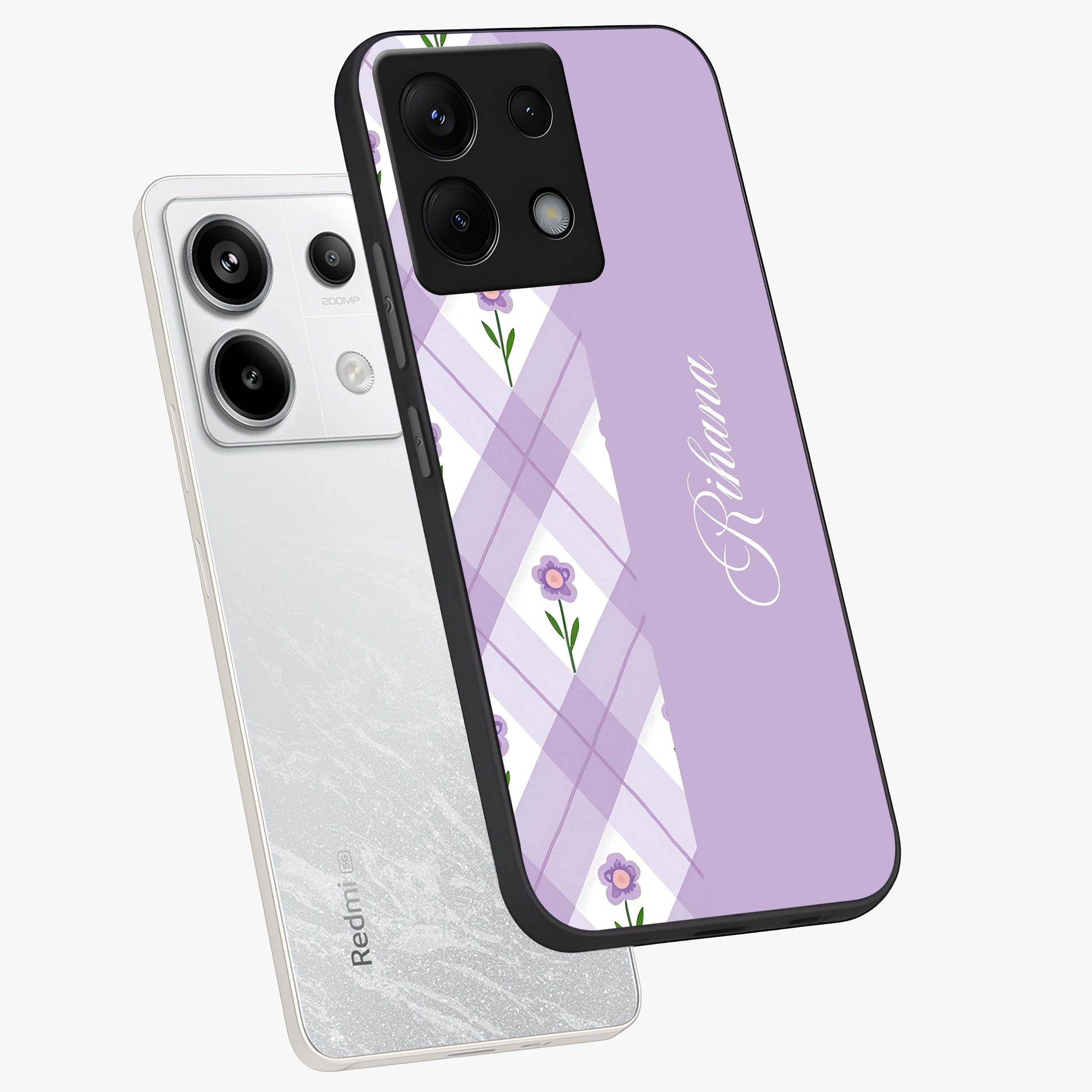 Purple Diamond Floral Glass Case displayed in angled mockup highlighting elegant purple flower design with decorative pattern.