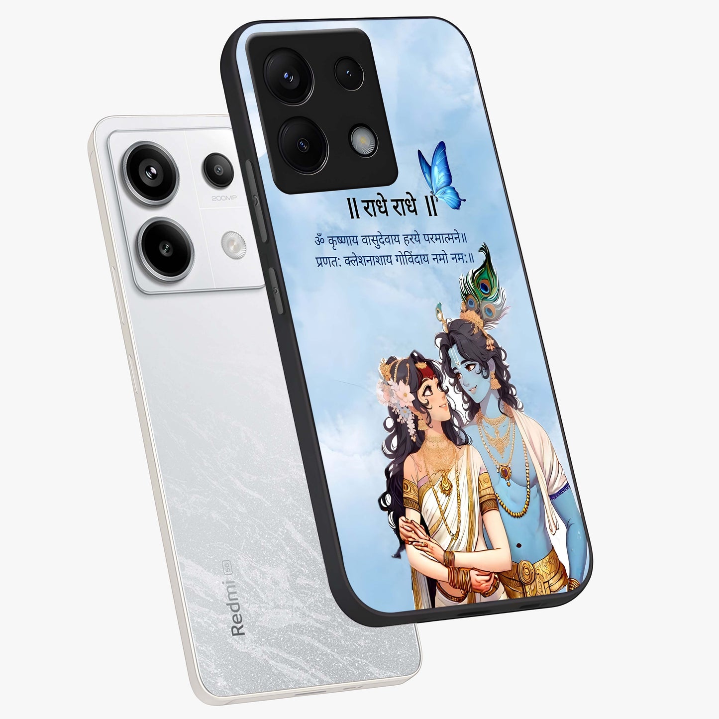 Radha Krishna Eternal Glass Case displayed in angled mockup highlighting divine Radha Krishna illustration with spiritual aesthetic.