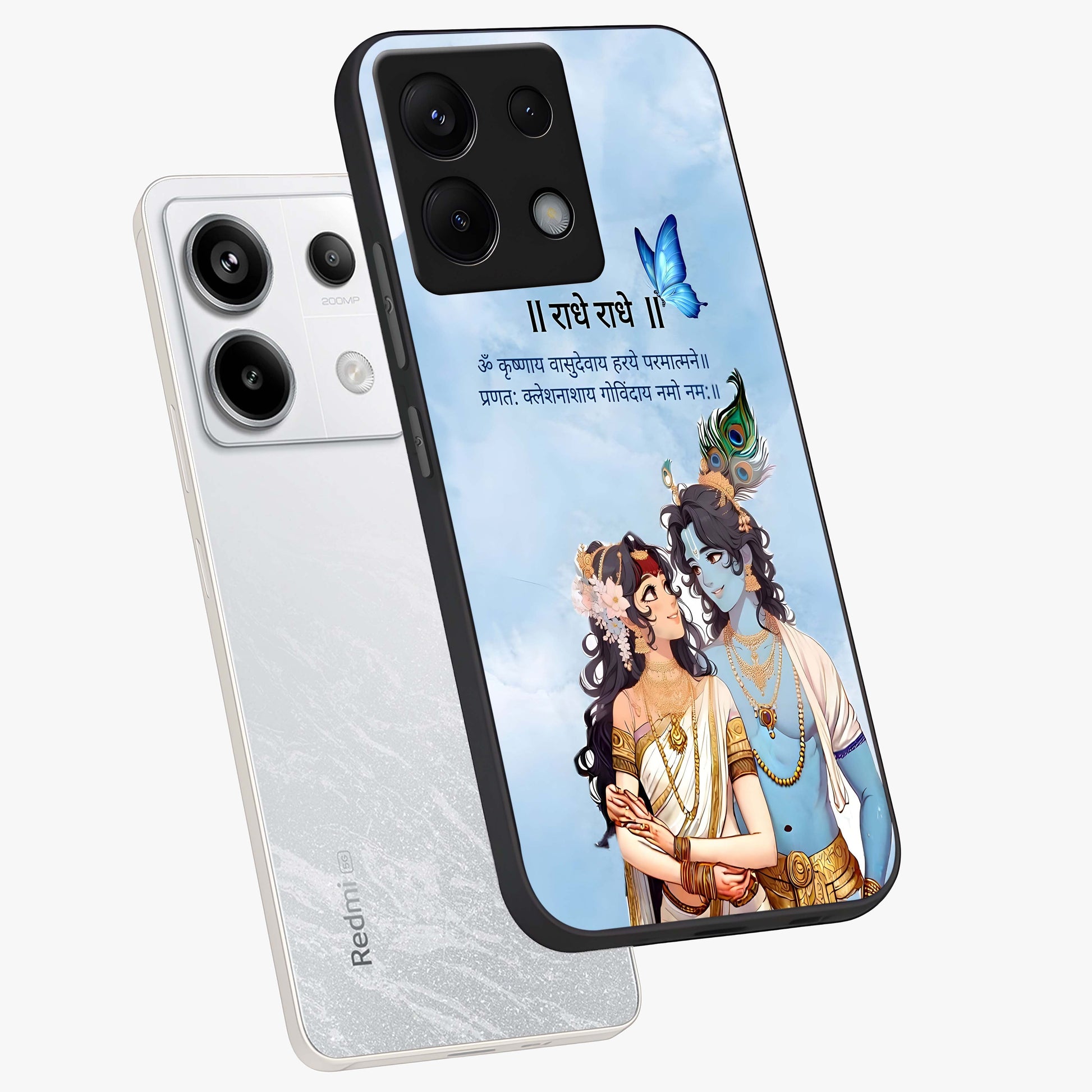 Radha Krishna Eternal Glass Case displayed in angled mockup highlighting divine Radha Krishna illustration with spiritual aesthetic.