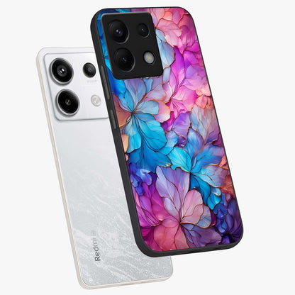 Radiant Floral Whirl Glass Case displayed in angled mockup highlighting vibrant flower pattern with dynamic artistic aesthetic.