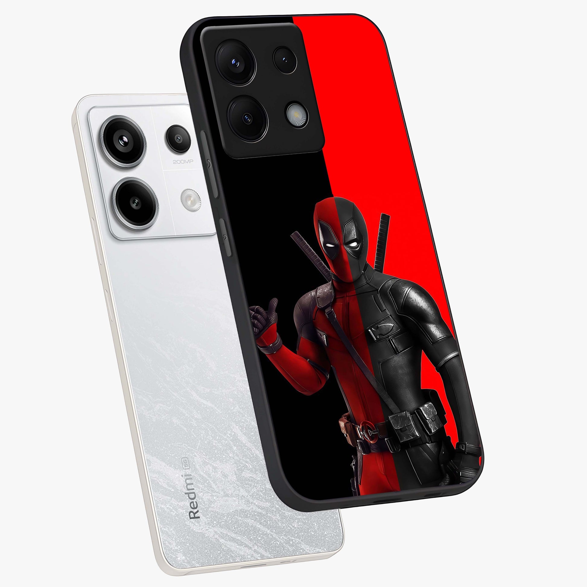 Red & Black Deadpool Theme Glass Case displayed in angled mockup highlighting vibrant superhero style illustration with action aesthetic.