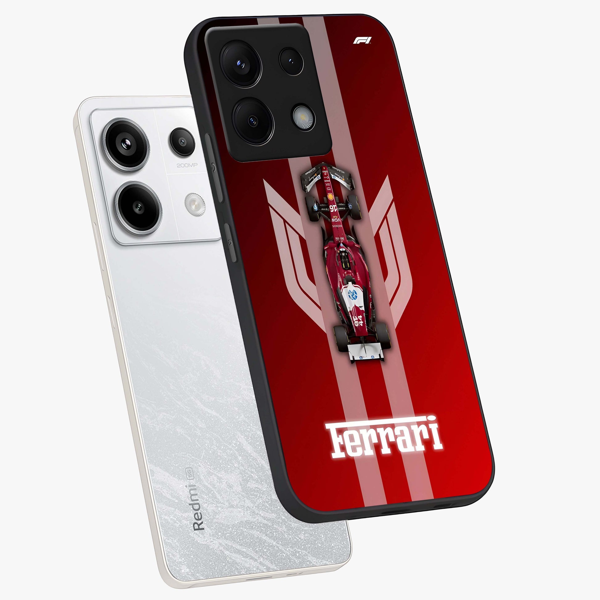 Red Ferrari F1 Vertical Glass Case displayed in angled mockup highlighting high speed racing design with bold automotive aesthetic.