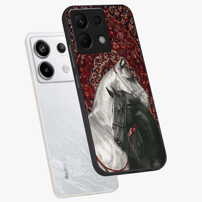Regal Stallion Tapestry Glass Case displayed in angled mockup highlighting royal stallion design with decorative heritage aesthetic.