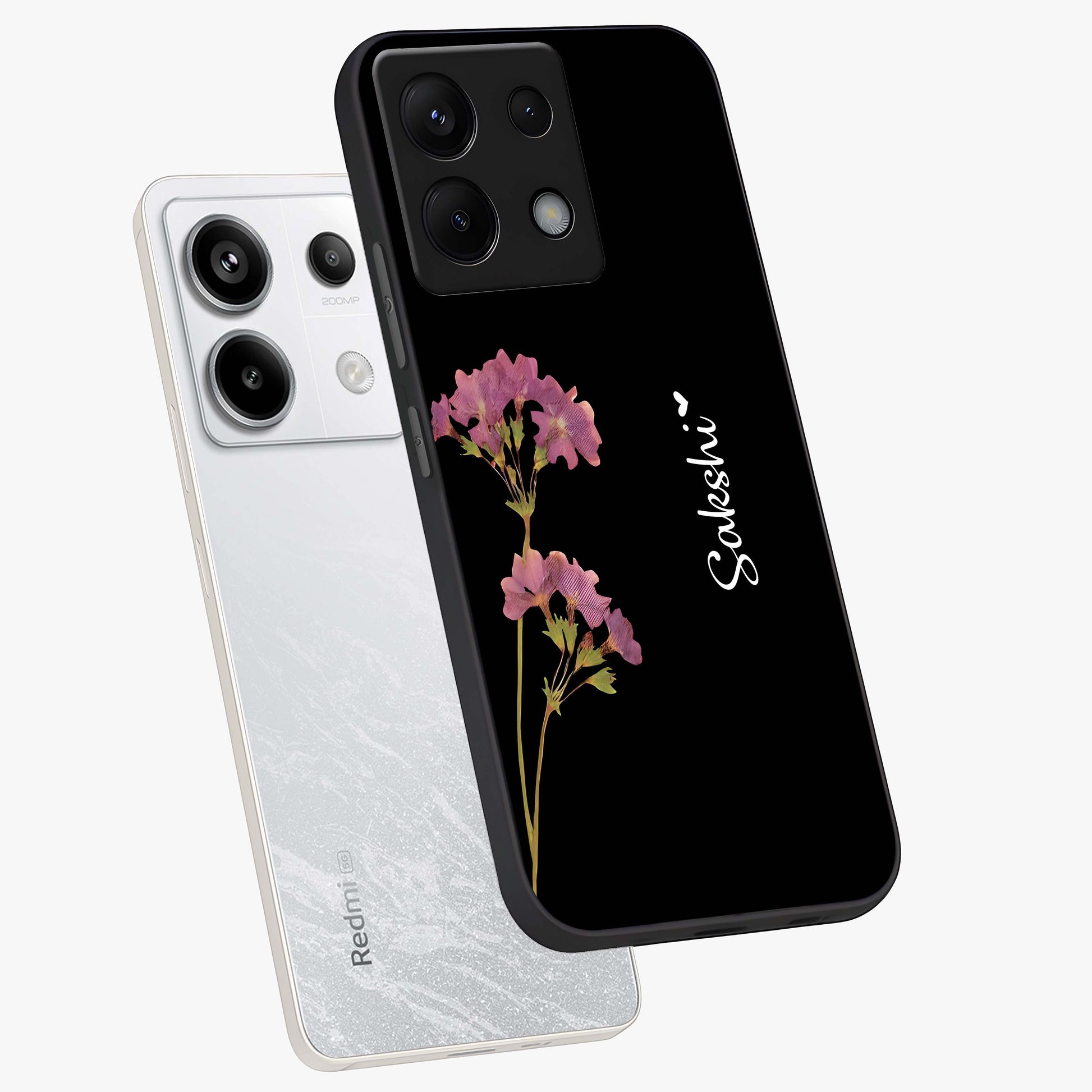 Riching Lavender Flower Custom Name Glass Case displayed in angled mockup highlighting delicate lavender flower design with custom name feature.