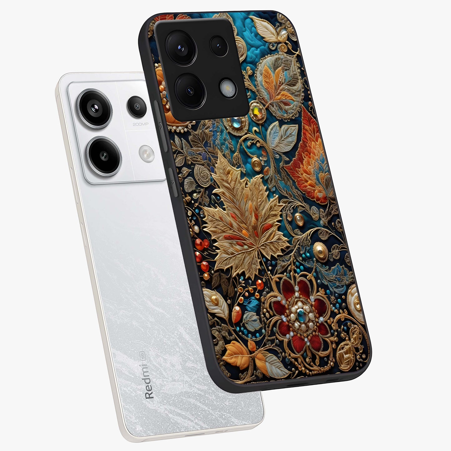 Royal Jewel Garden Glass Case displayed in angled mockup highlighting vibrant jewel inspired floral design with elegant aesthetic.