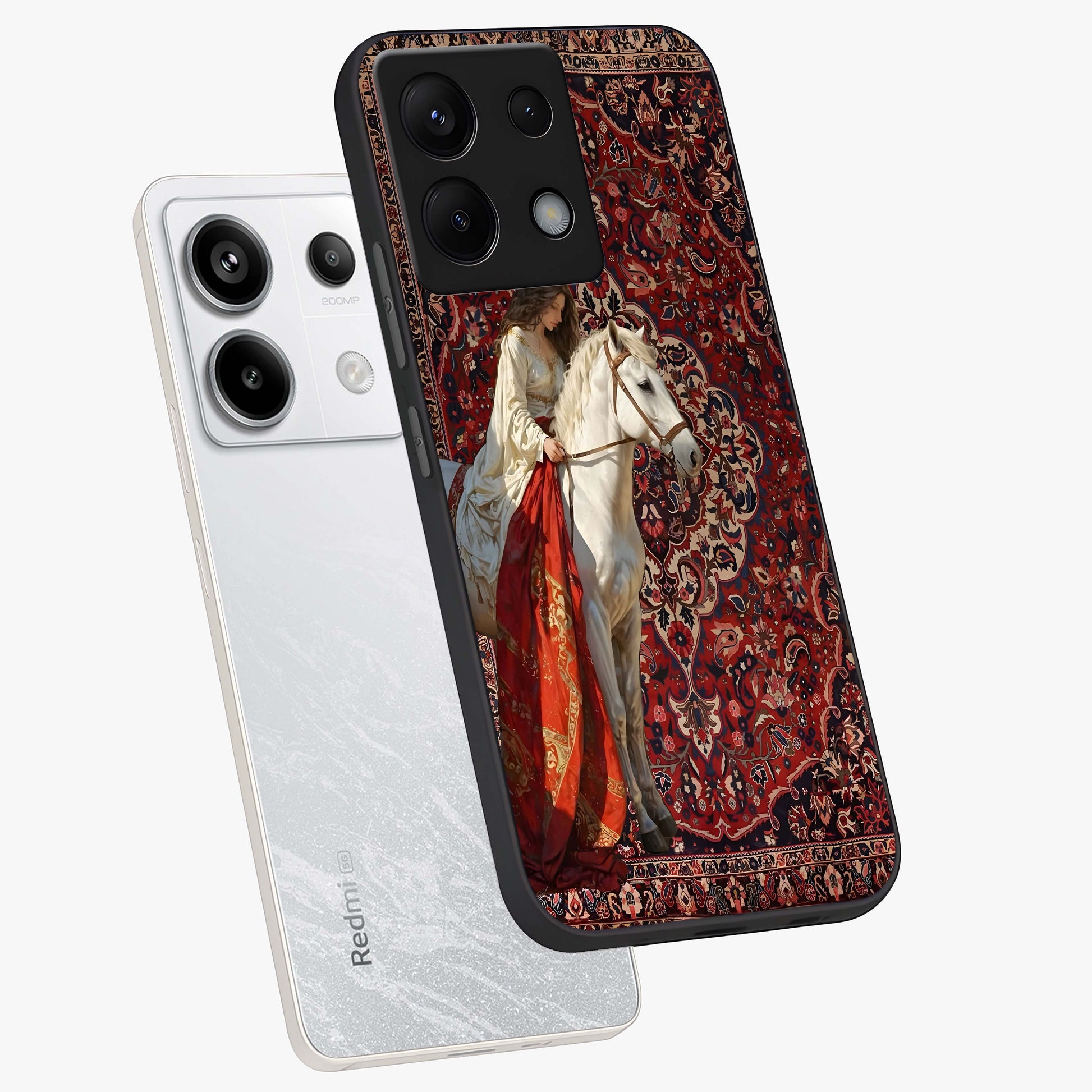 Royal Rider Tapestry Glass Case displayed in angled mockup highlighting traditional tapestry design with royal heritage aesthetic.