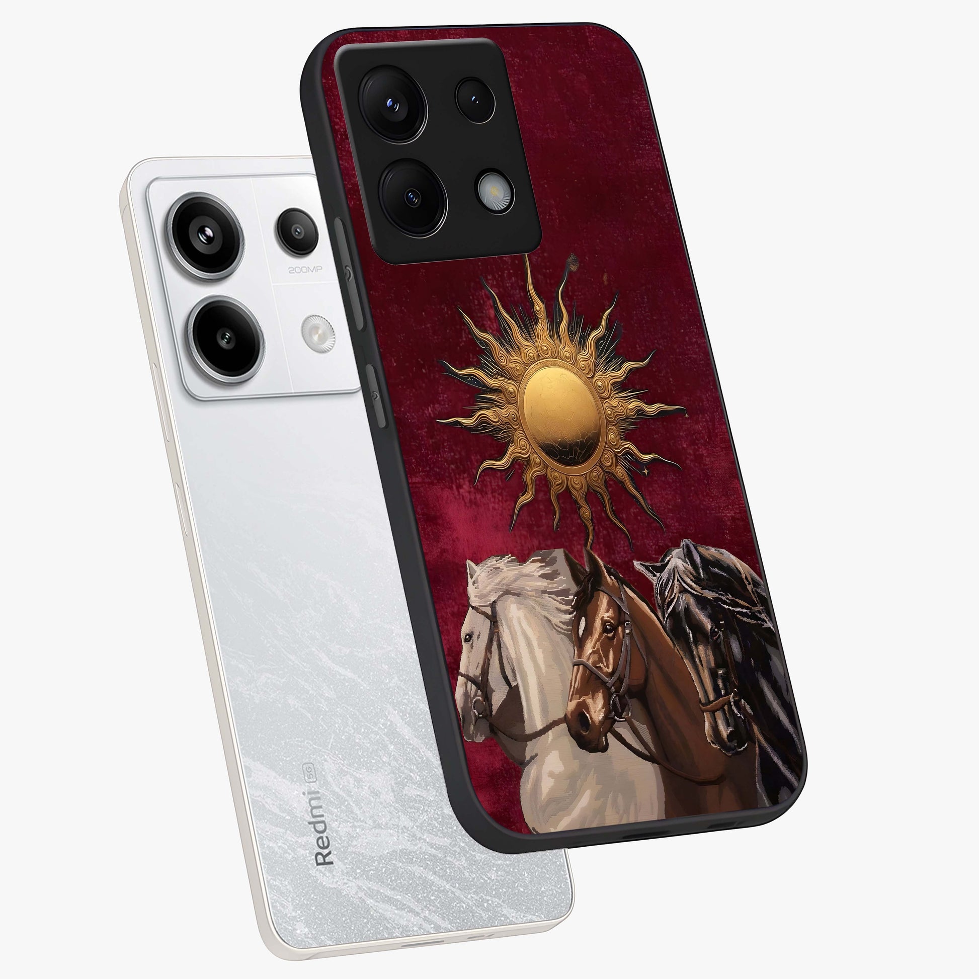 Solar Riders Glass Case displayed in angled mockup highlighting powerful rider illustration with radiant solar aesthetic.