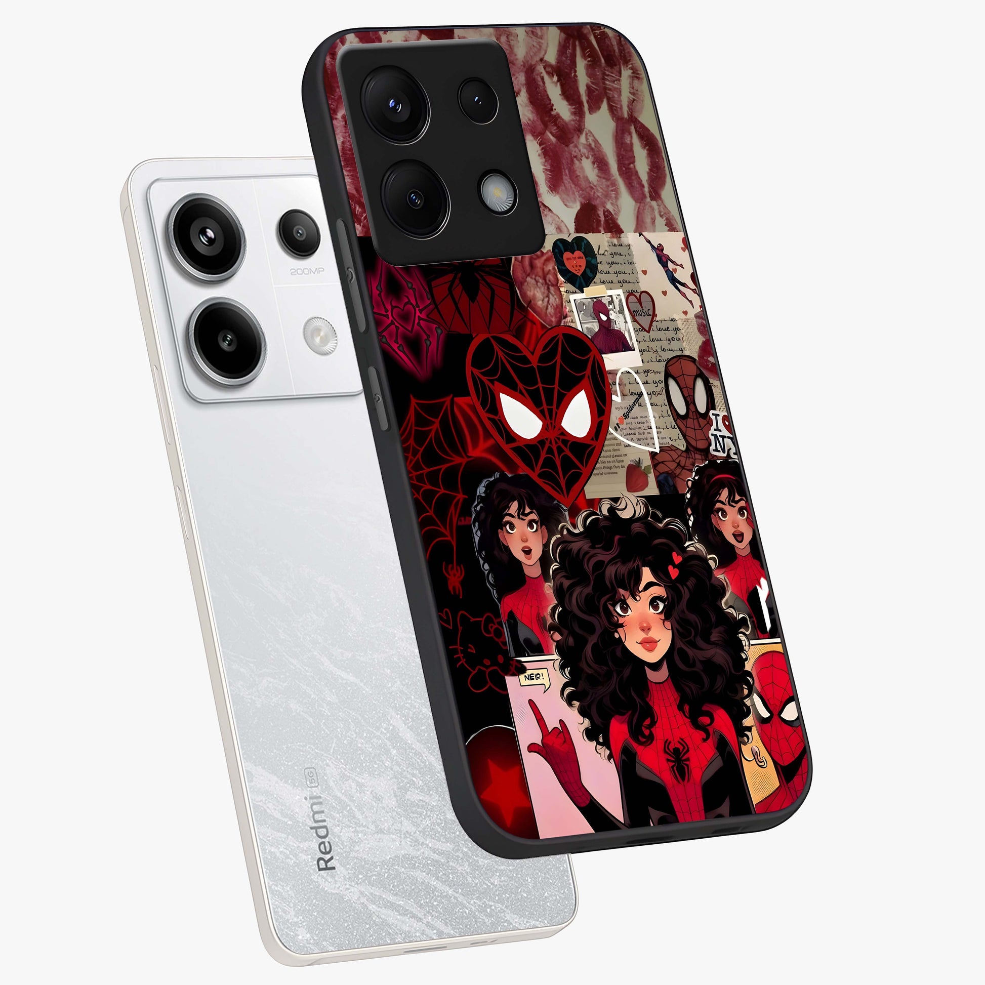 Spider Love Story Glass Case displayed in angled mockup highlighting expressive comic inspired design with playful aesthetic.