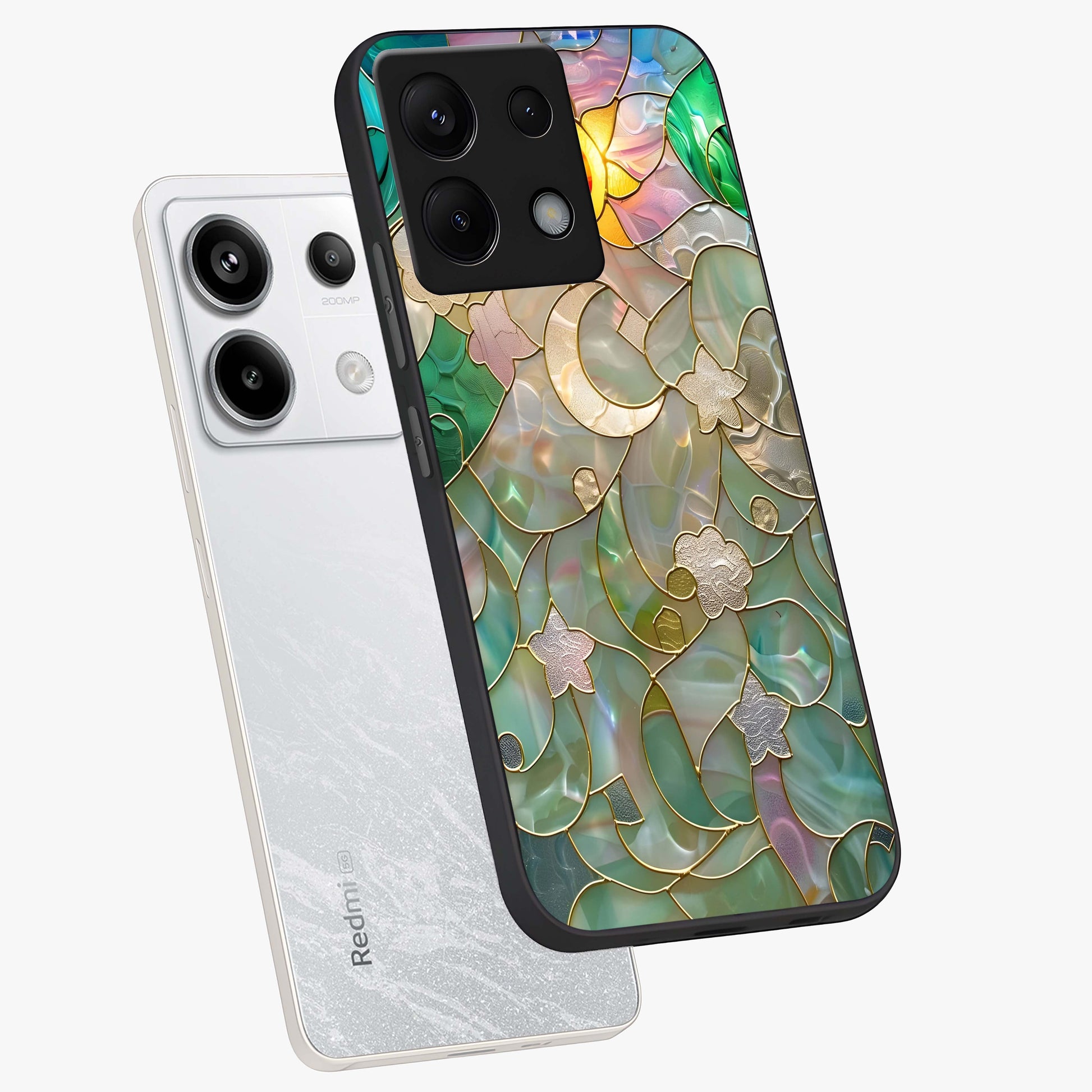 Stained Sunrise Glow Glass Case displayed in angled mockup highlighting radiant sunrise design with artistic aesthetic style.