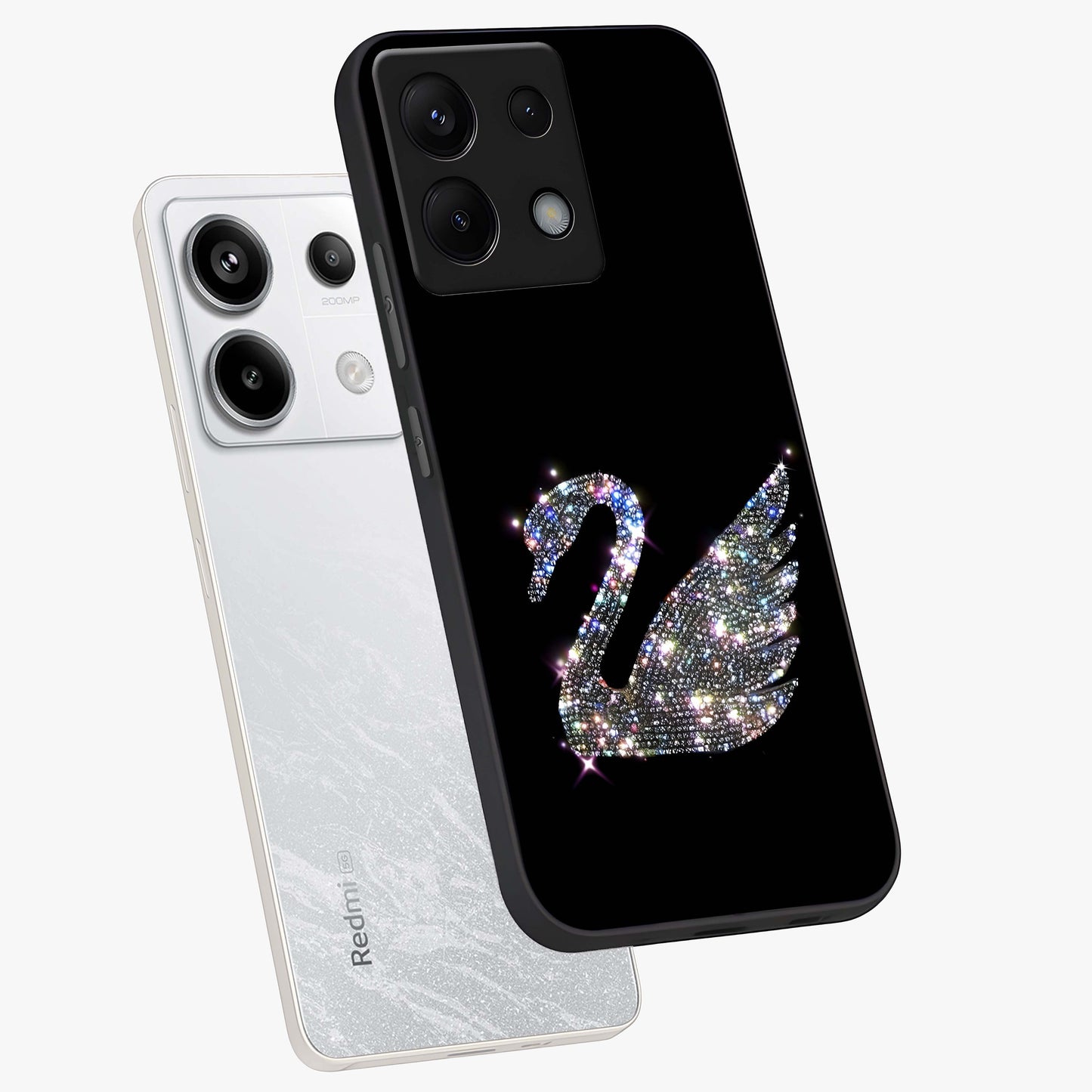 Starlit Swan Grace Glass Case displayed in angled mockup highlighting elegant swan illustration with dreamy celestial aesthetic.