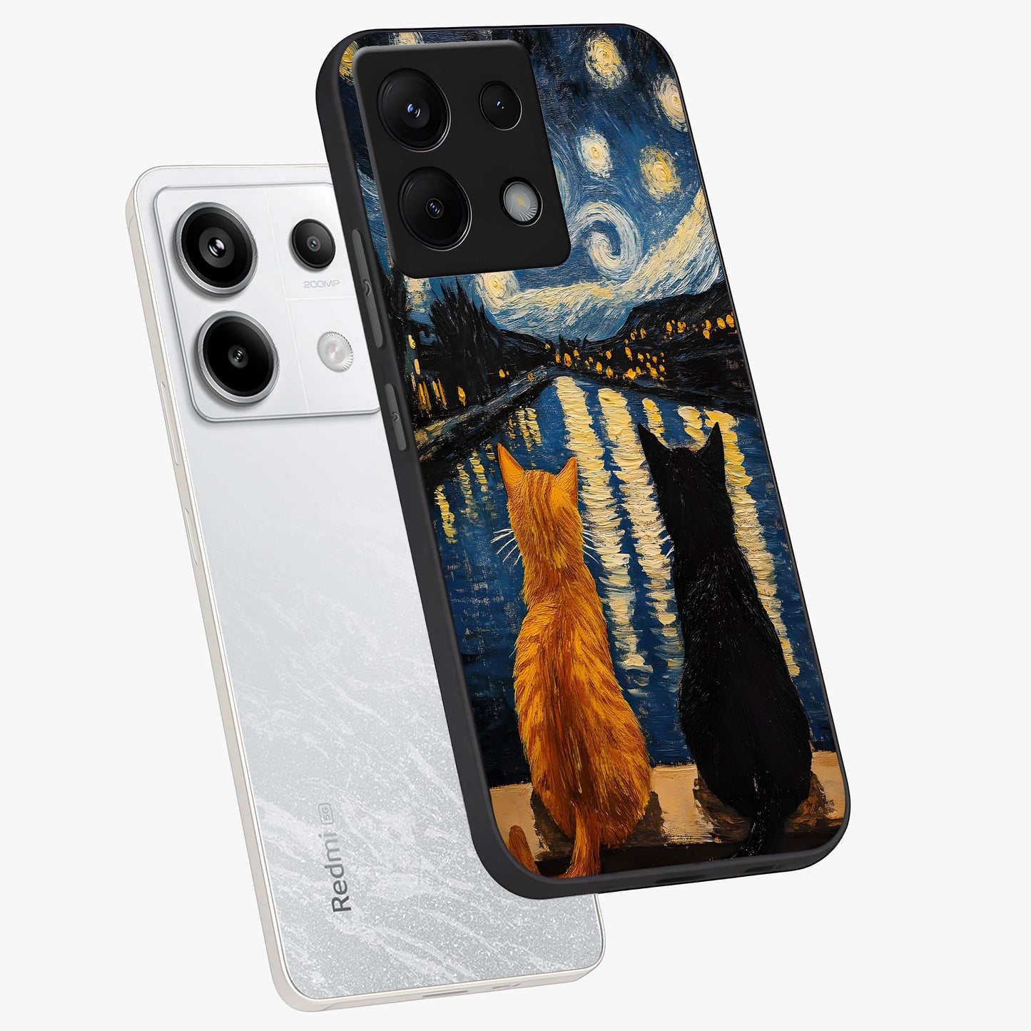 Starry River Cats Glass Case displayed in angled mockup highlighting charming feline illustration with dreamy night aesthetic.