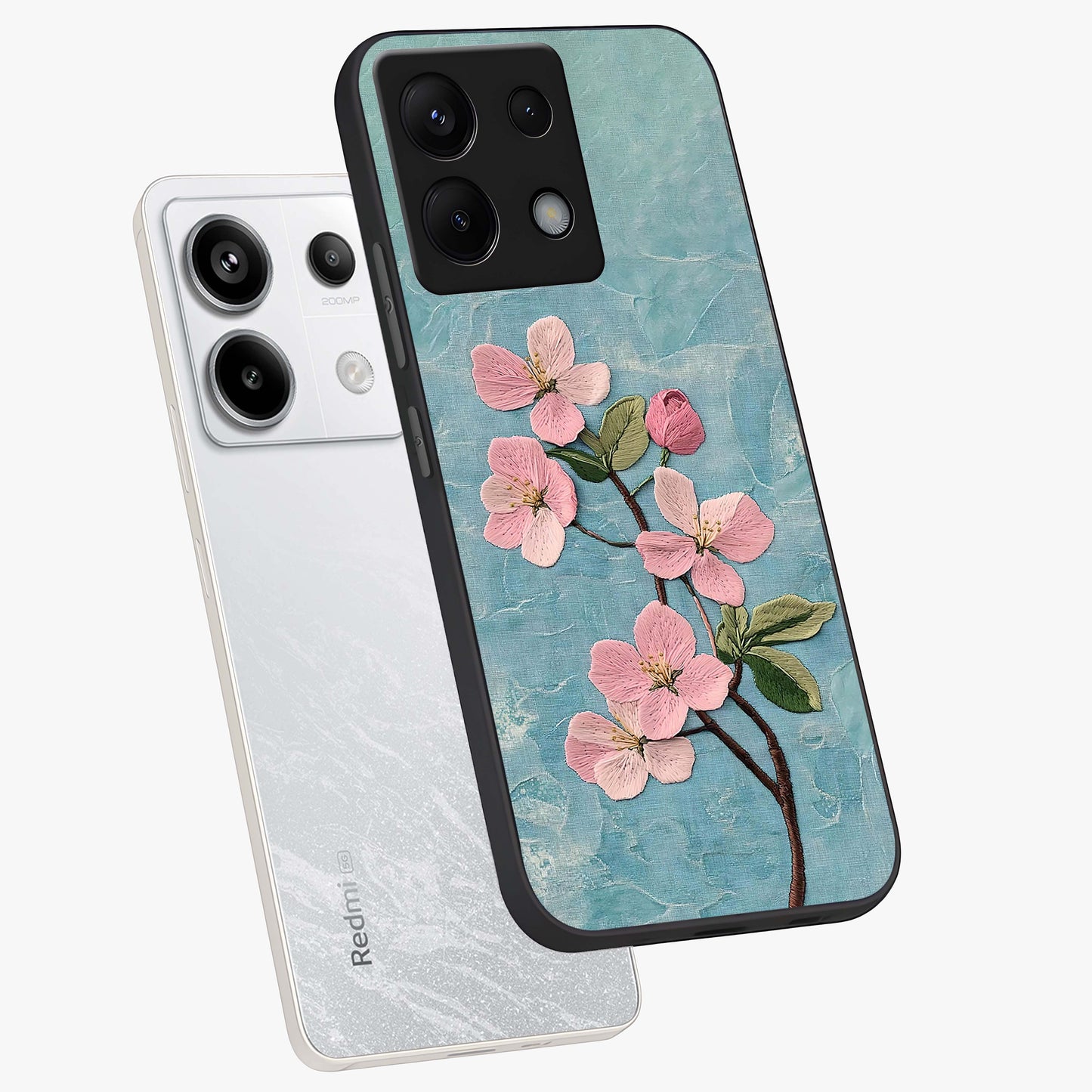 Threaded Blossom Breeze Glass Case displayed in angled mockup highlighting elegant floral design with soft aesthetic style.