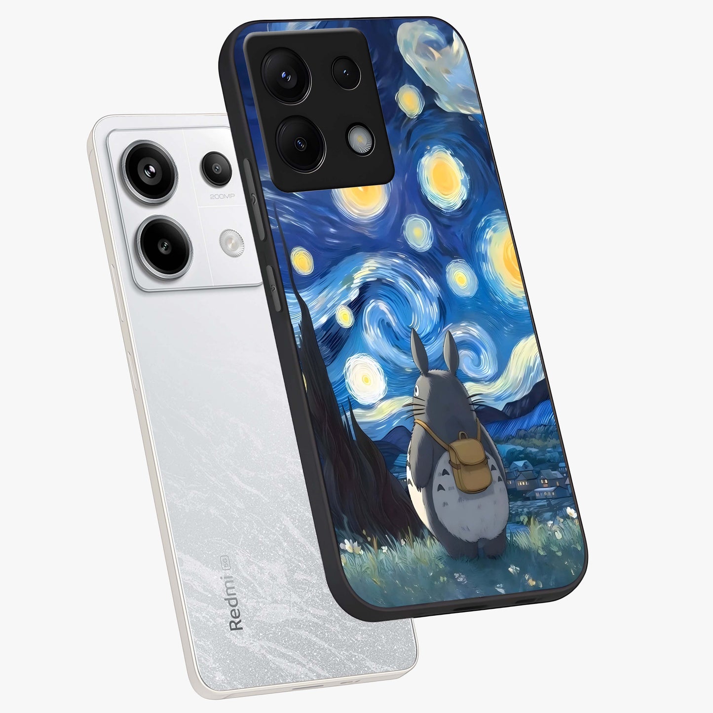 Totoro In Van Gogh Art Glass Case displayed in angled mockup highlighting artistic swirling sky design with playful animation aesthetic.