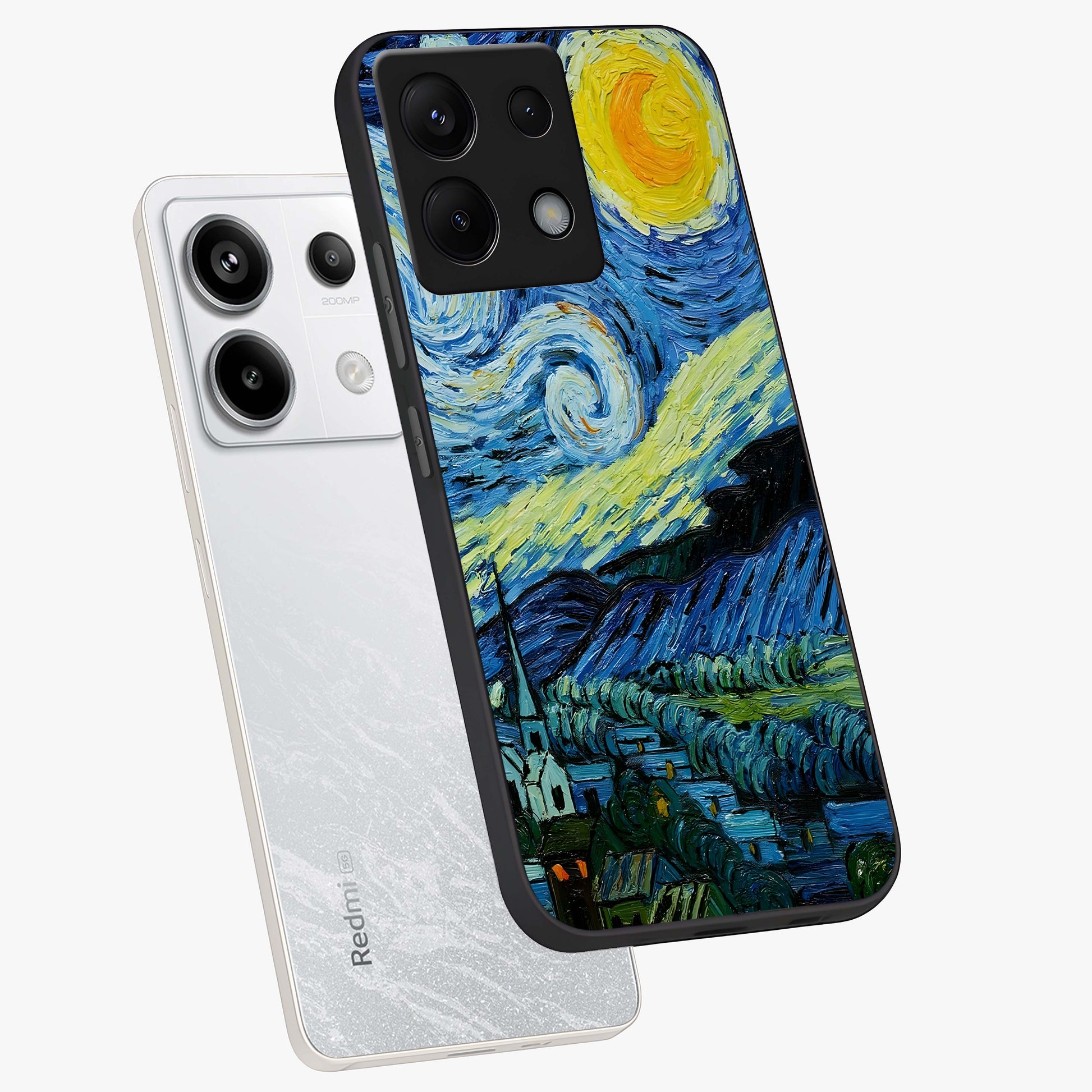 Van Gogh Art Glass Case displayed in angled mockup highlighting swirling brushstroke design with artistic aesthetic.