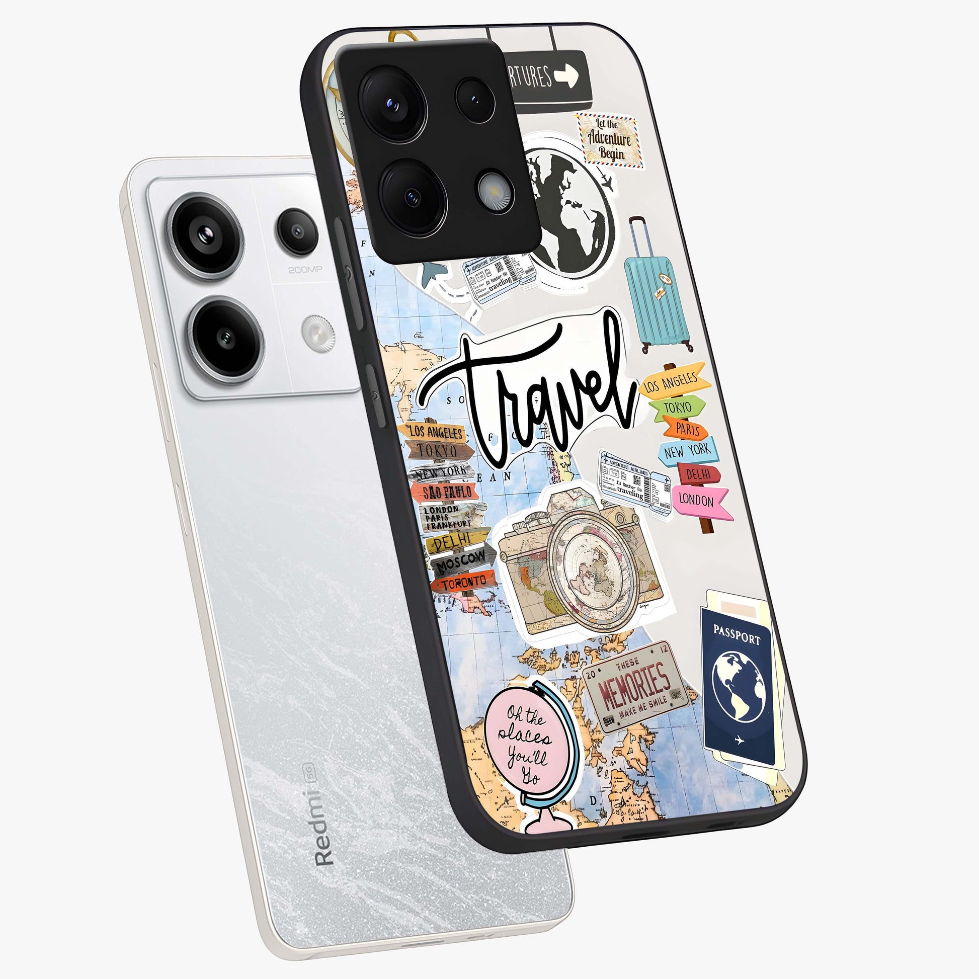 Wanderlust Journal Glass Case displayed in angled mockup highlighting adventure themed design with aesthetic travel vibe.