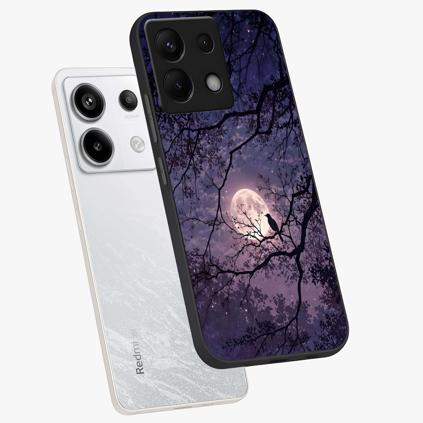 Whispering Moon Silence Glass Case displayed in angled mockup highlighting calm lunar design with dreamy night aesthetic.