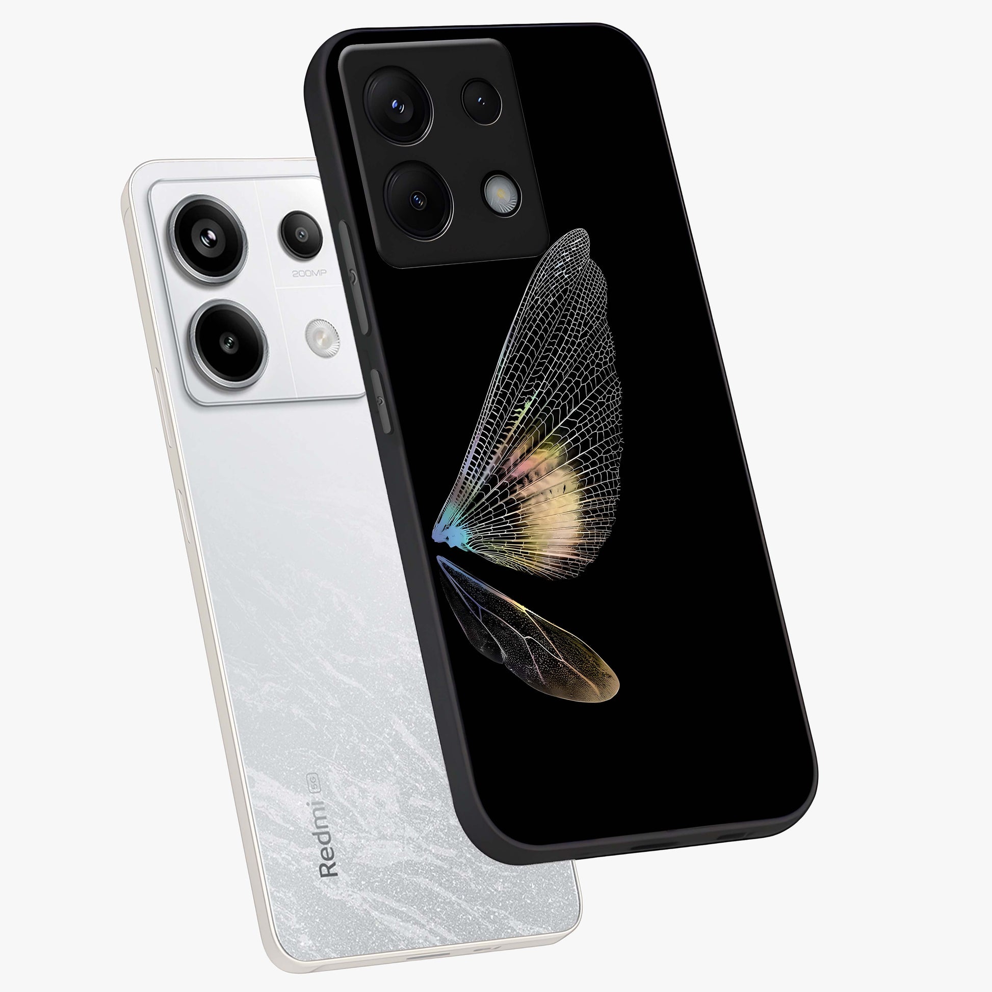 Whispers Of Wings Glass Case displayed in angled mockup highlighting soft feather design with celestial aesthetic style.