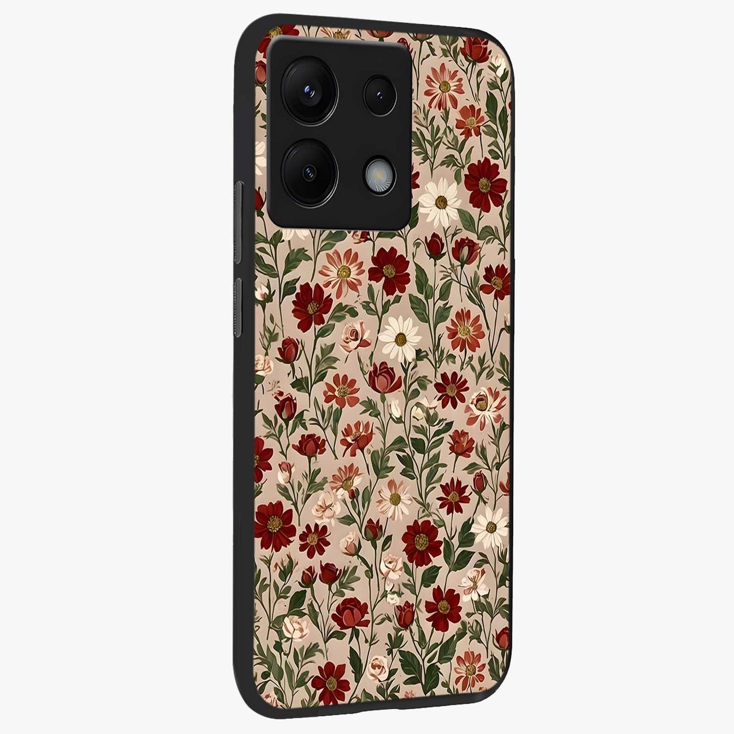 Biege Flower With Leaf Glass Case upright view showcasing delicate beige flower illustration with clean botanical style.