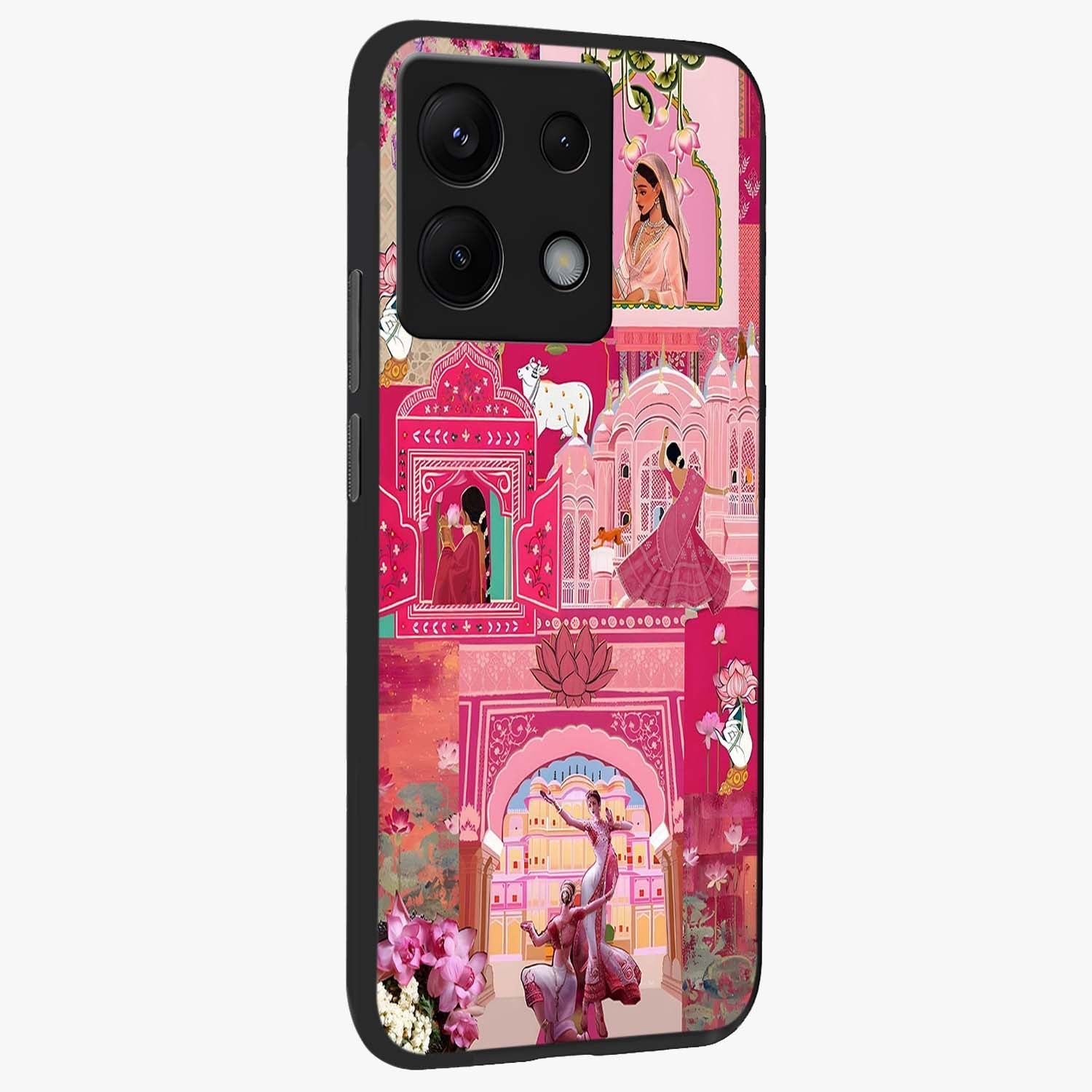 Blossoms of Rajasthan Glass Case upright view showcasing colorful floral design inspired by traditional Indian art.