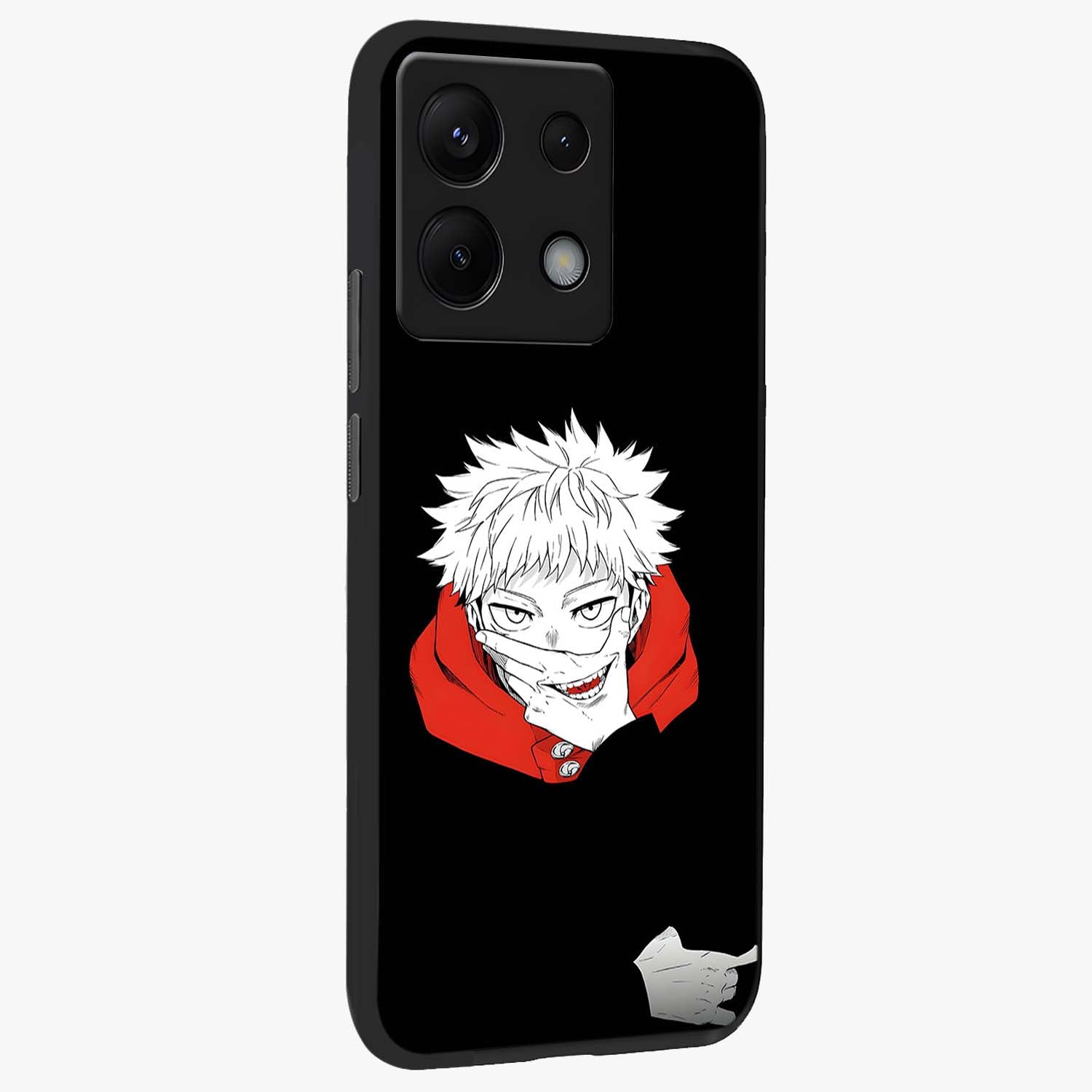 Crimson Chaos Smile Glass Case upright view showcasing expressive chaotic artwork with striking visual theme.