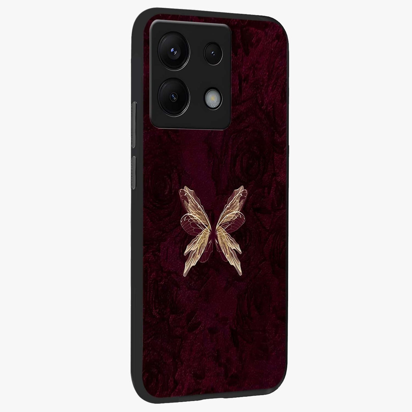 Crimson Fade Butterfly Glass Case upright view showcasing graceful butterfly artwork with soft crimson fade effect.