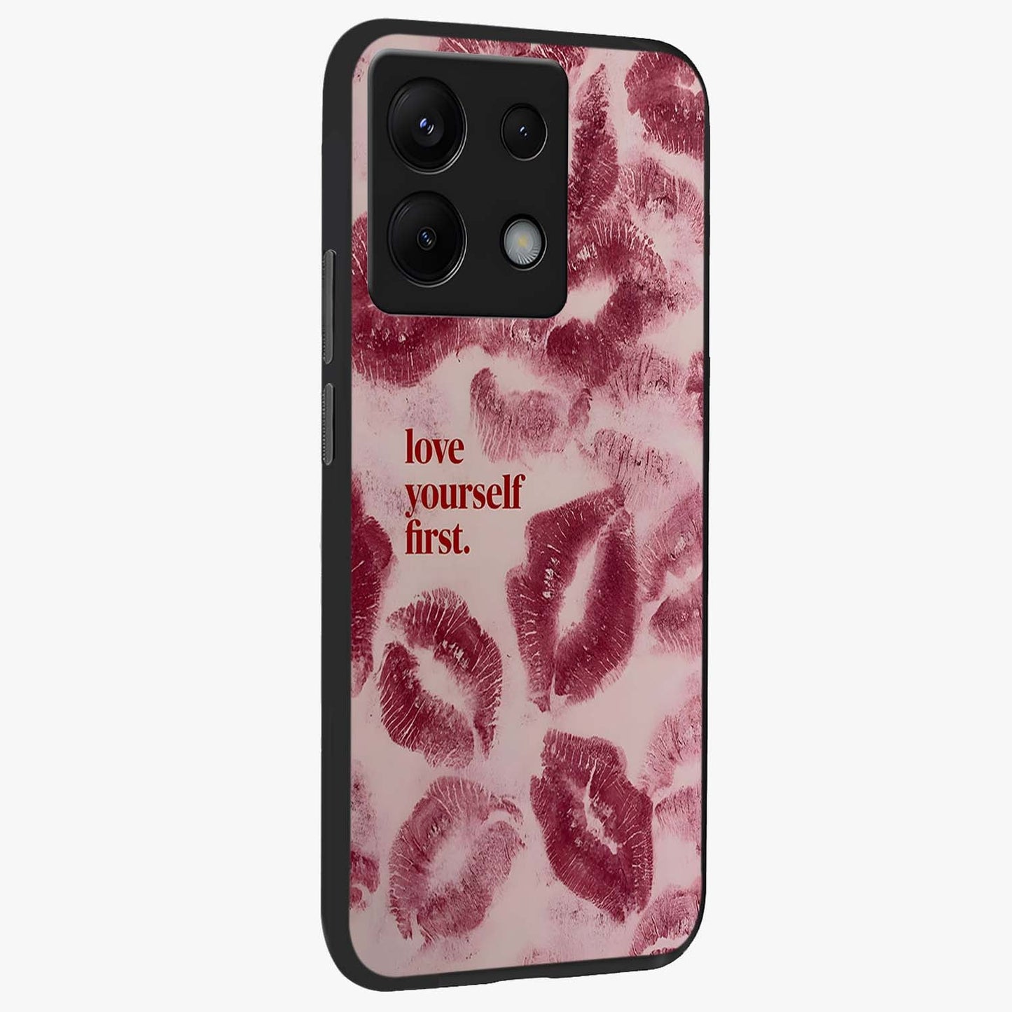 Crimson Kiss Love Glass Case upright view showcasing expressive romantic artwork with deep crimson theme.