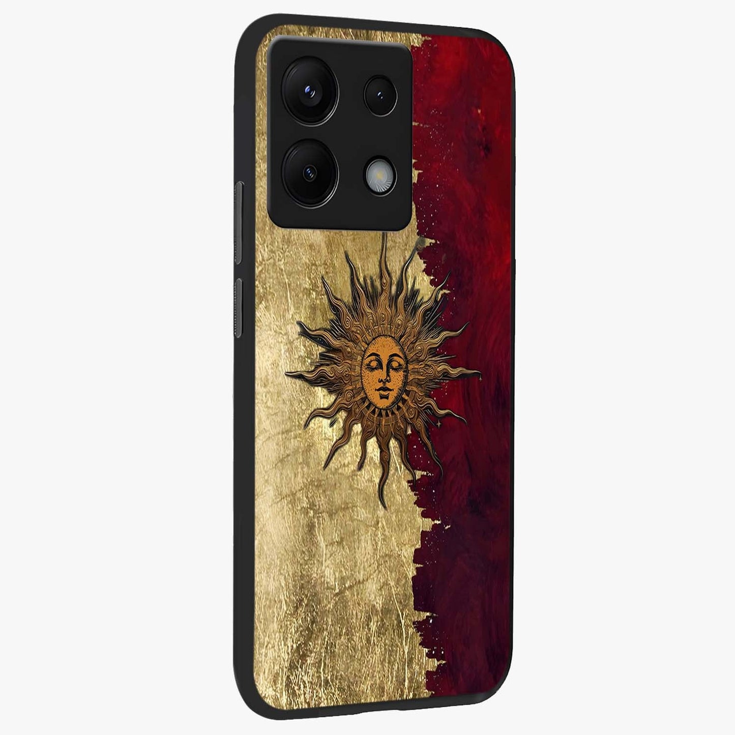 Crimson Sun Majesty Glass Case upright view showcasing vibrant sun artwork with powerful celestial theme.