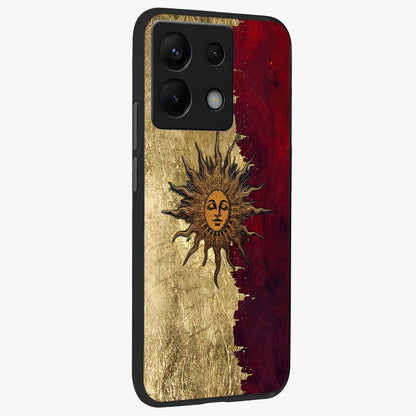 Crimson Sun Majesty Glass Case upright view showcasing vibrant sun artwork with powerful celestial theme.
