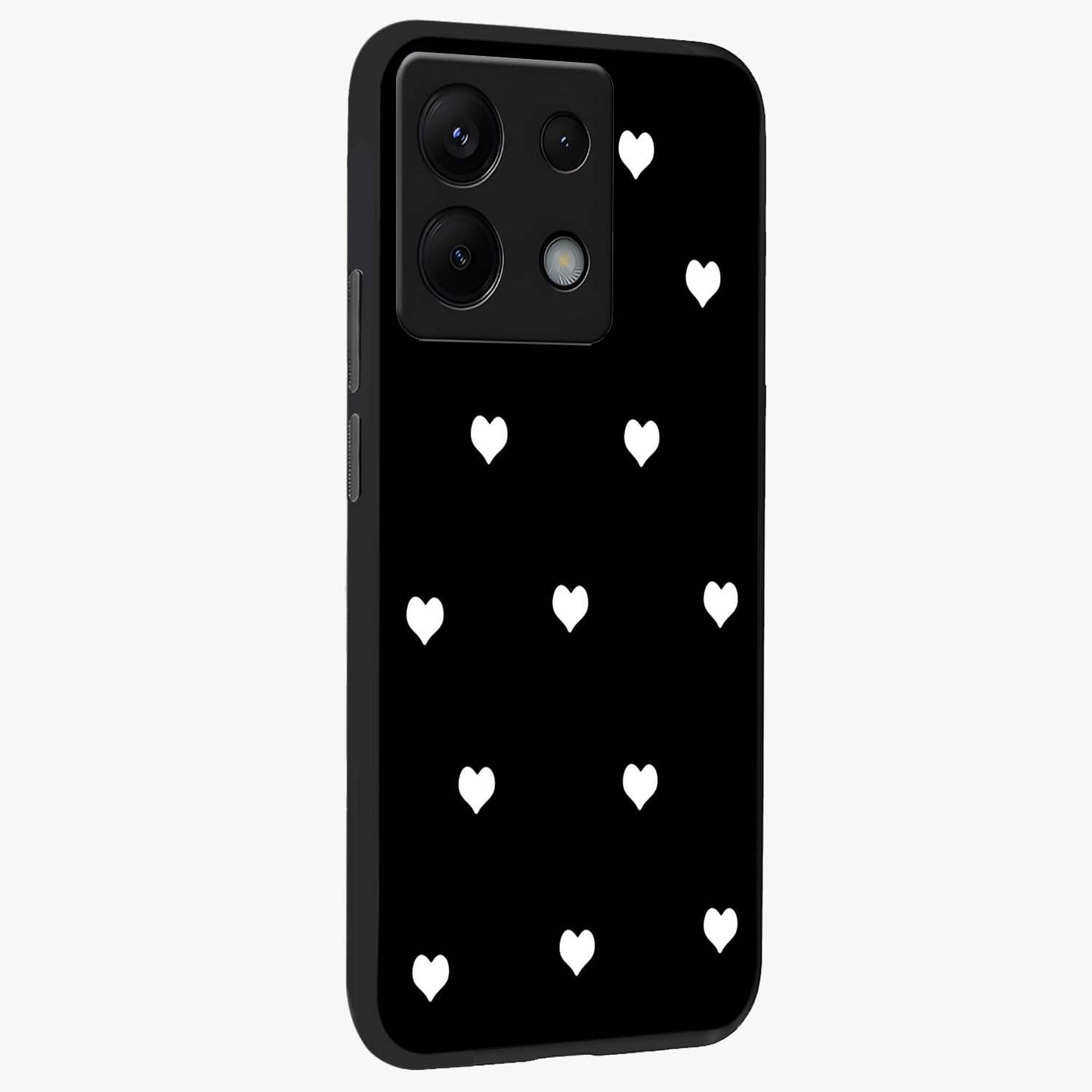 Cute And Simple White Hearts Glass Case upright view showcasing simple white hearts artwork with soft minimal theme.