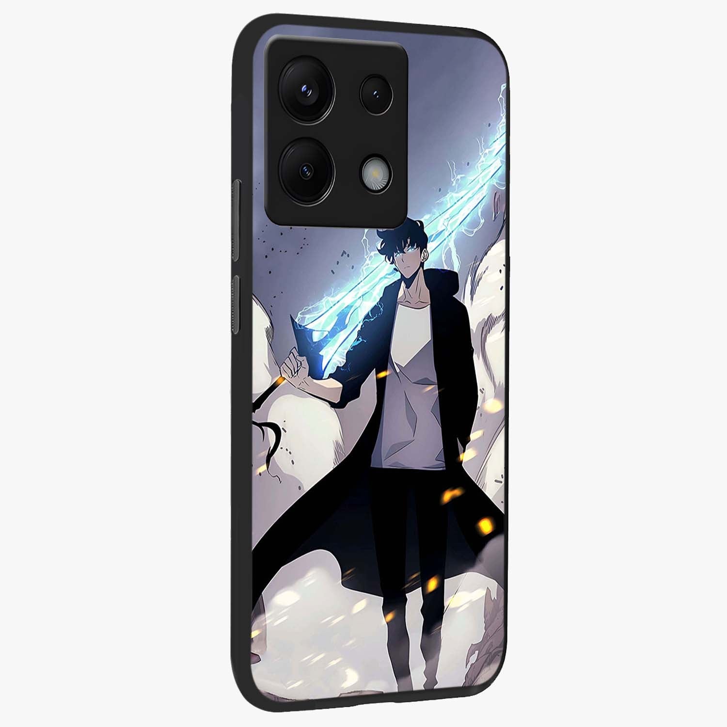 Dark Lightning Anime Warrior Glass Case upright view showcasing dramatic warrior artwork with dark lightning aesthetic.