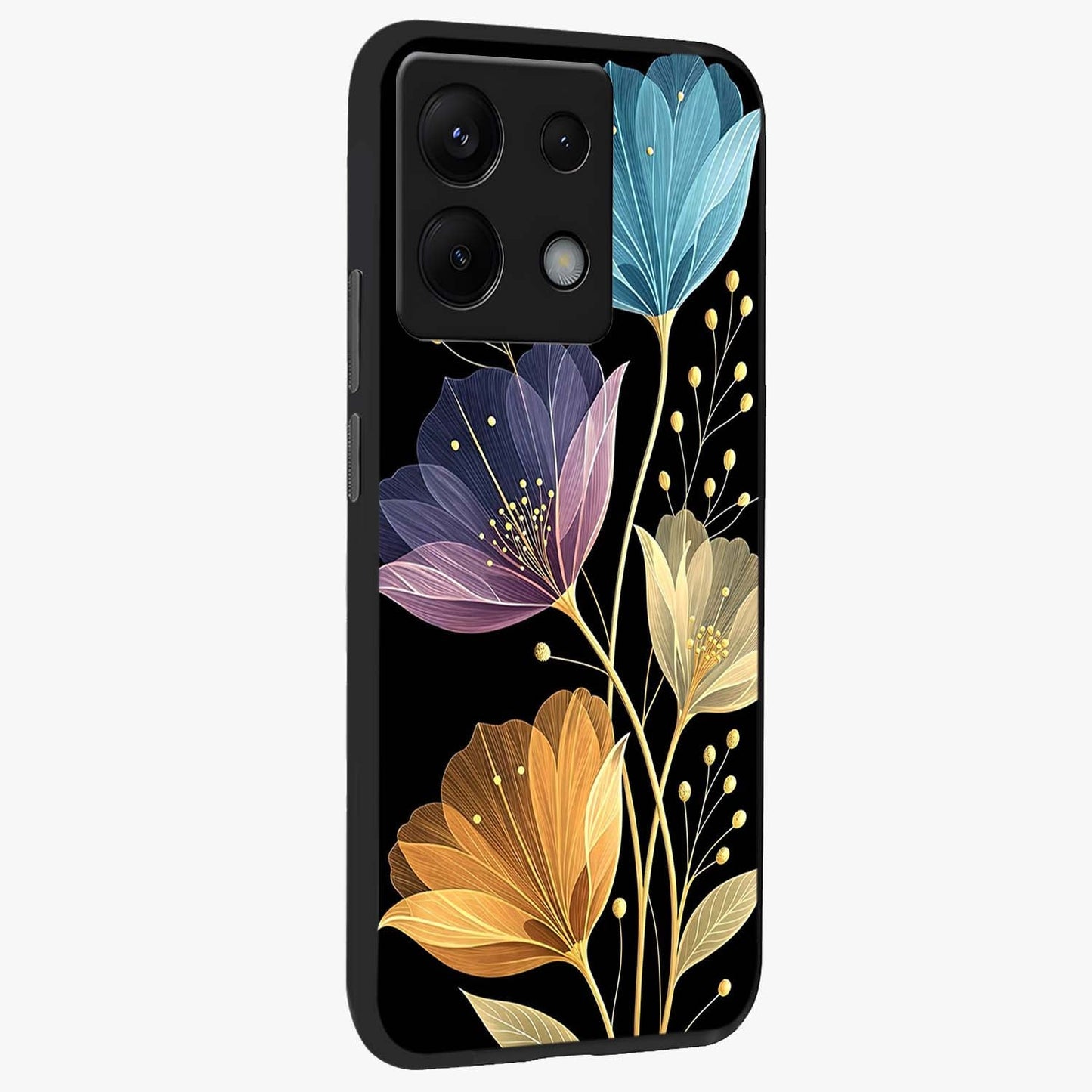 Delicate Multicolor Flowers Glass Case upright view showcasing delicate floral artwork with bright botanical theme.