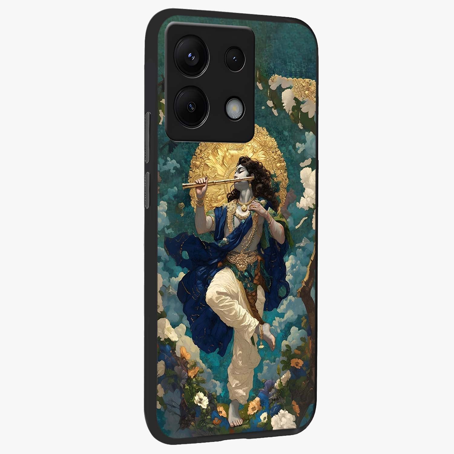 Divine Krishna Art Glass Case upright view showcasing divine Krishna artwork with sacred artistic theme.