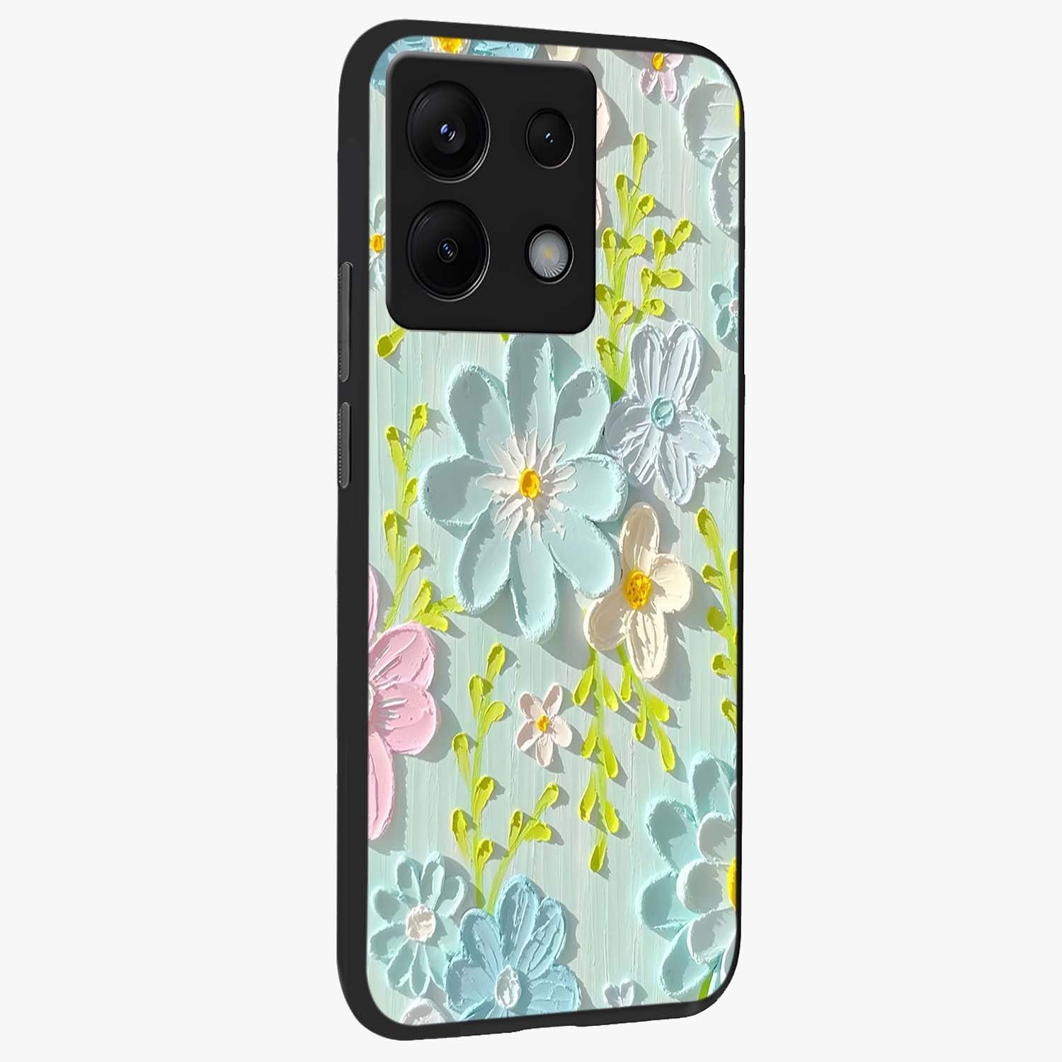 Frosted Petal Garden Glass Case upright view showcasing elegant floral garden artwork with soothing pastel theme.