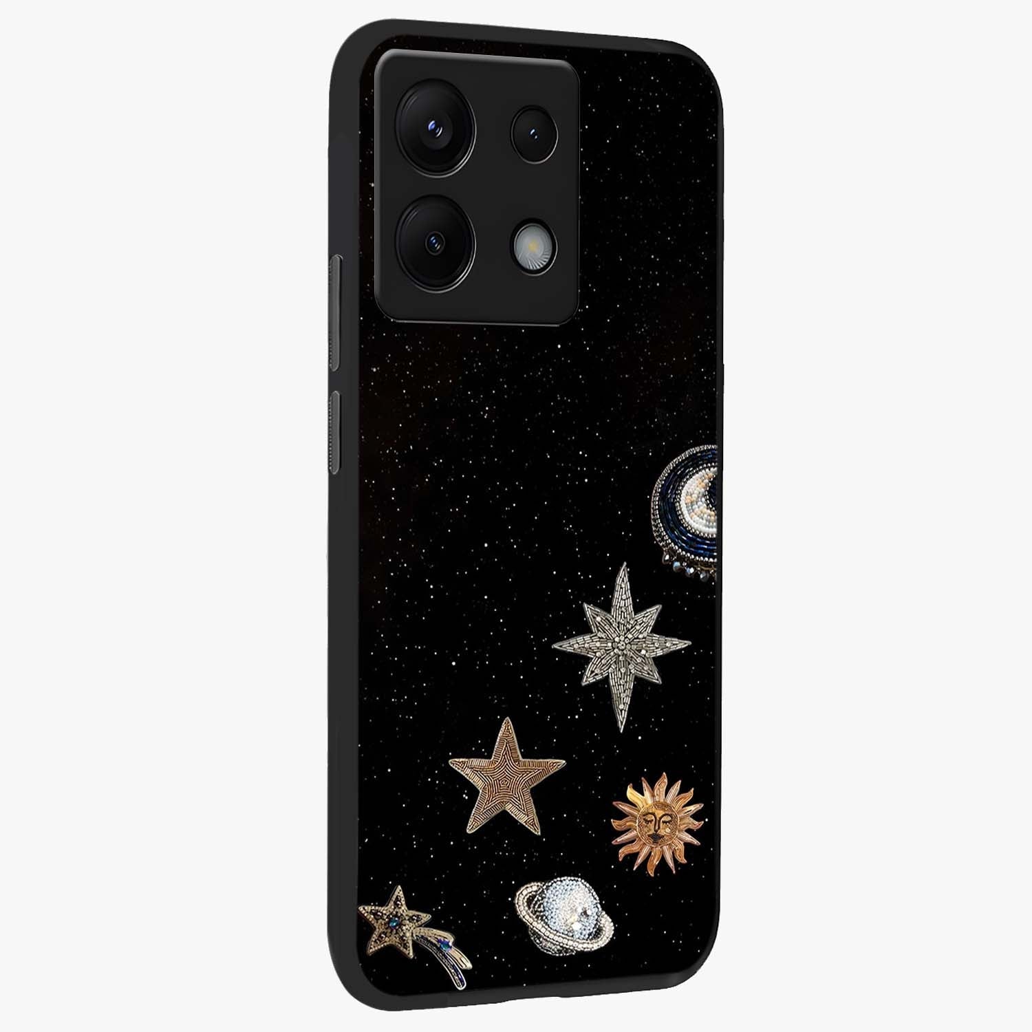 Galactic Charm Glow Glass Case upright view showcasing glowing cosmic charm artwork with magical celestial style.